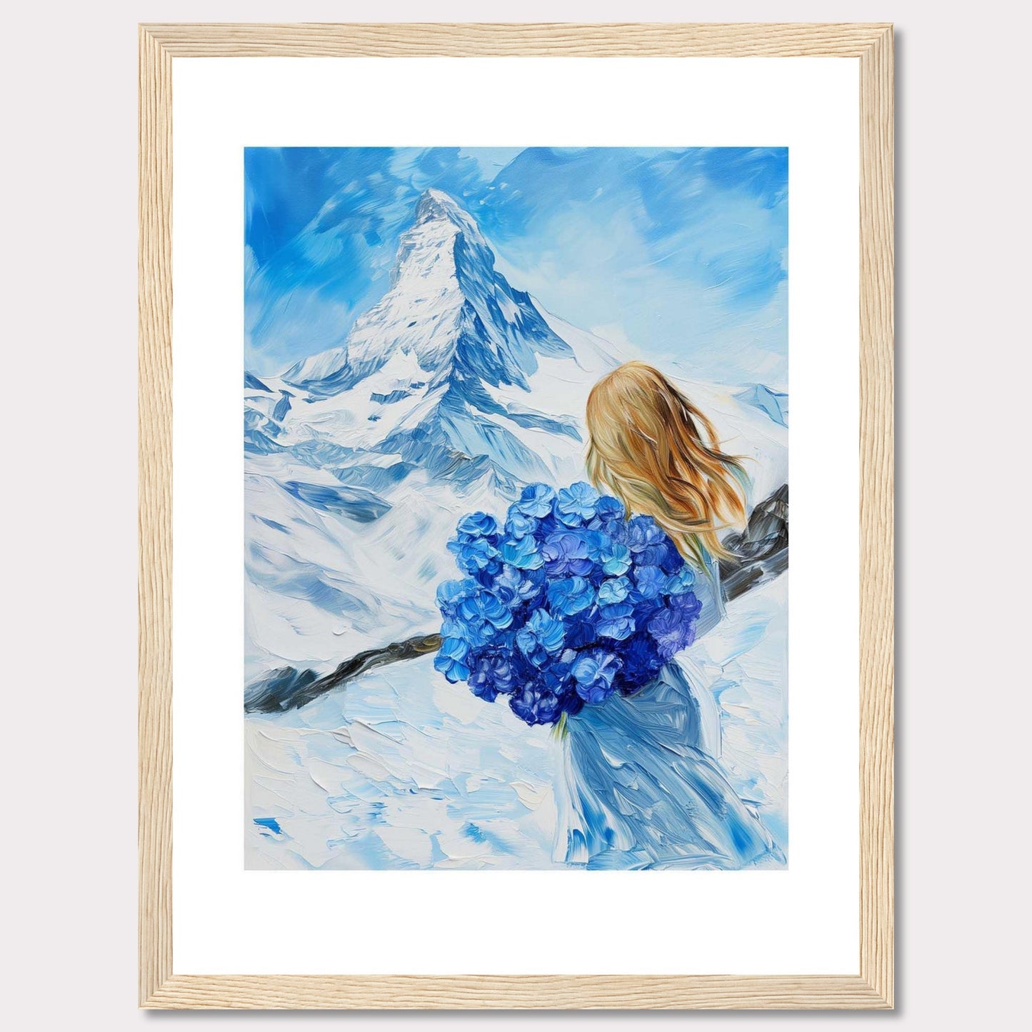 This captivating painting depicts a serene winter landscape with a majestic snow-covered mountain in the background. A woman with flowing blonde hair stands in the foreground, holding a vibrant bouquet of blue flowers. The sky is a brilliant shade of blue, complementing the snowy scenery.