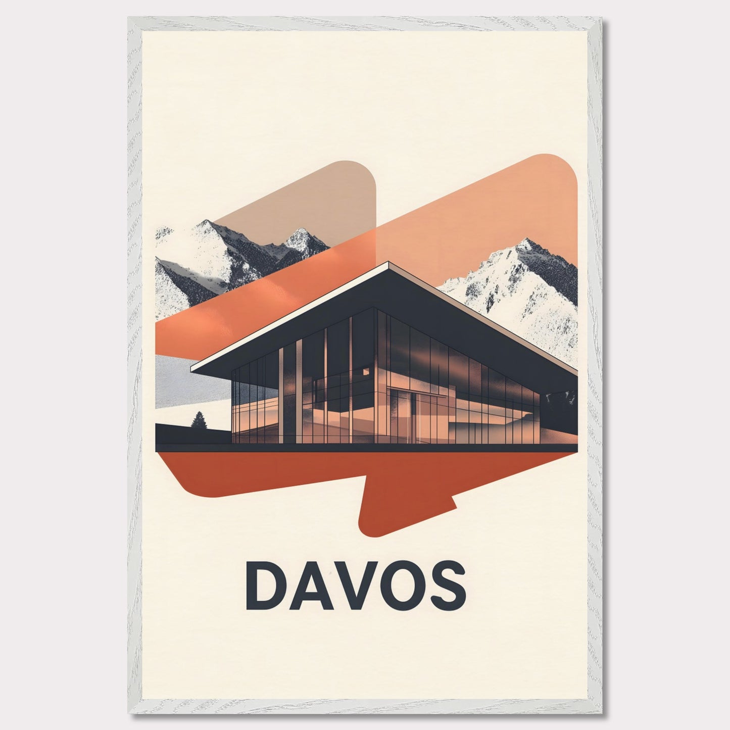 A sleek, modern representation of Davos, featuring a glass-fronted building set against towering alpine mountains. The minimalist color palette and subtle lighting effects give the scene a futuristic yet inviting feel.