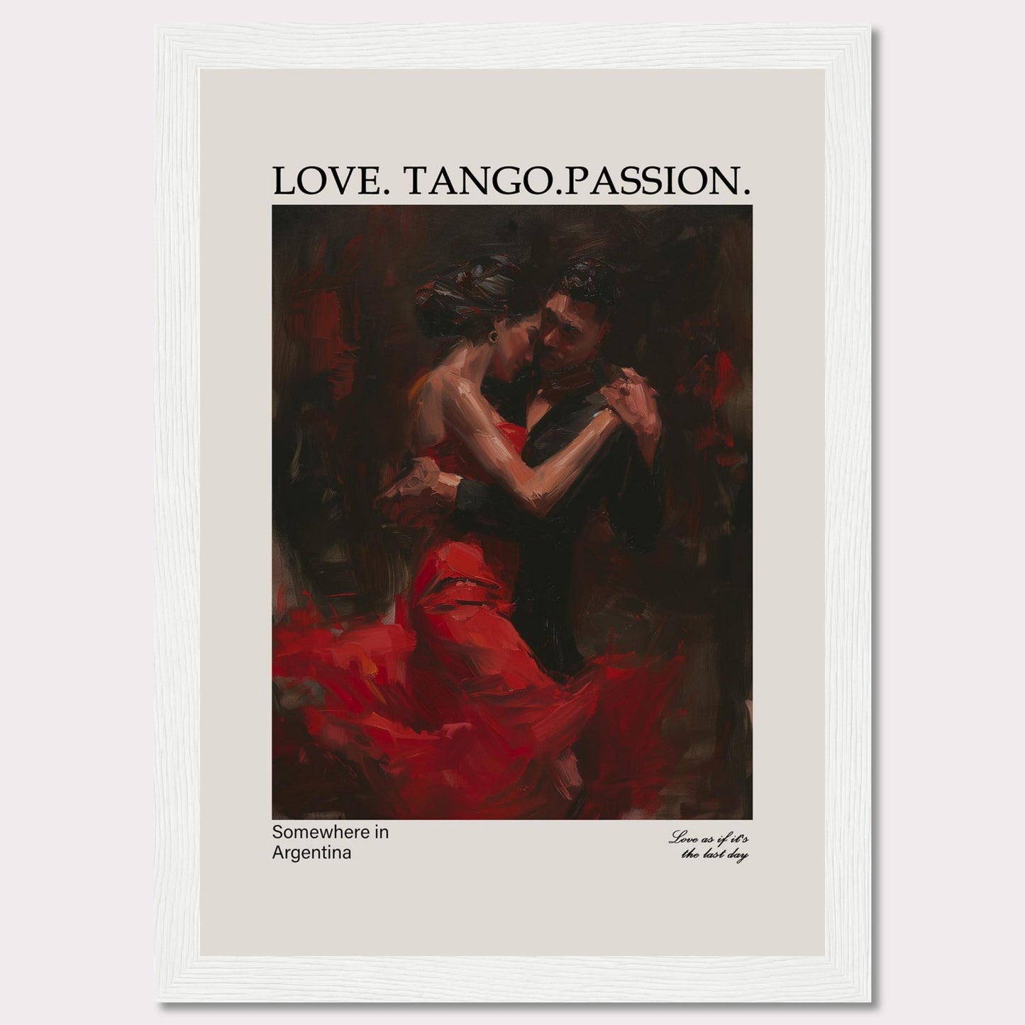 This captivating poster showcases a passionate tango dance between a couple, enveloped in deep red and black hues.