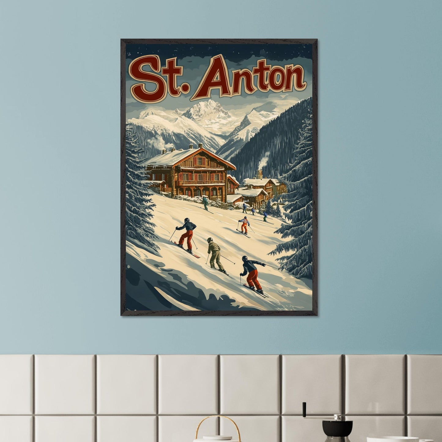 This minimalist yet striking poster captures the essence of St. Anton's alpine charm through its dynamic composition and vintage-inspired design. At the heart of the image is a group of skiers gracefully descending the snowy slopes, framed by towering evergreens and a cozy wooden chalet. The vibrant yet balanced color palette enhances the lively appeal, blending a sense of adventure and winter serenity.