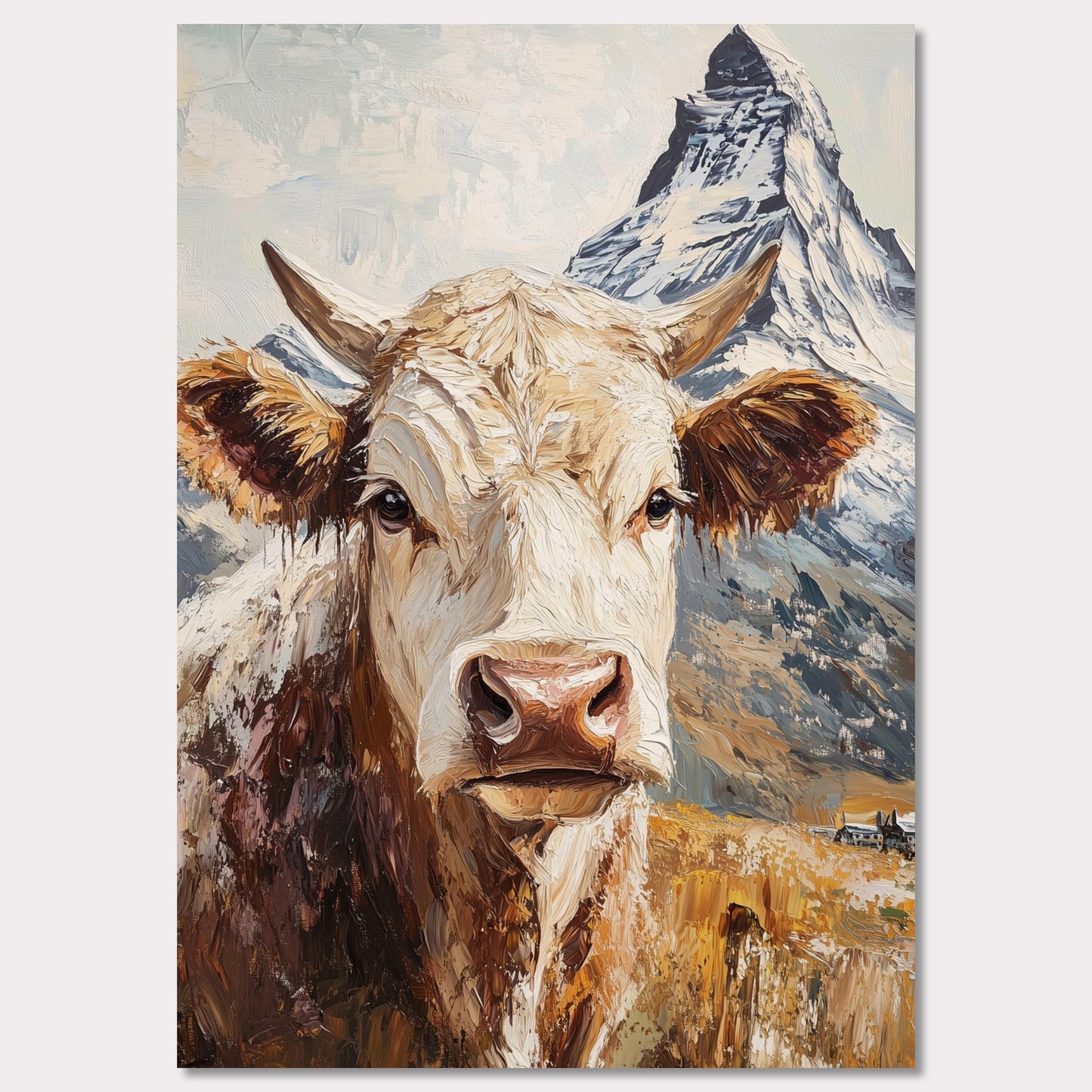 This vibrant poster celebrates the rustic charm of Swiss alpine life, featuring a close-up portrait of a majestic cow with the Matterhorn mountain towering in the background. The bold, textured brushstrokes create a painterly effect, bringing out the earthy tones of the cow and the dramatic snow-capped peak. This artwork reflects the connection between nature, rural traditions, and the iconic landscapes of Zermatt.