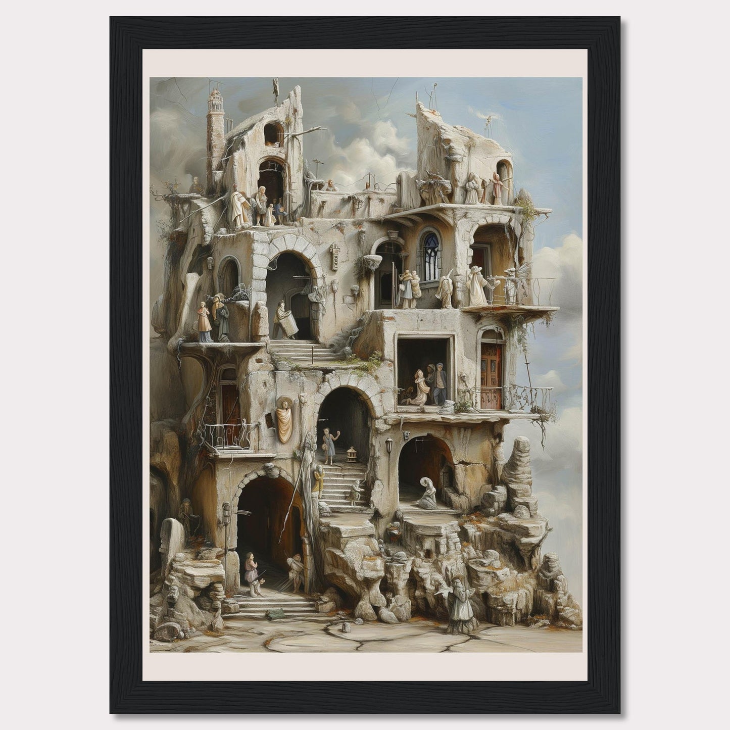 This captivating artwork portrays a surreal, multi-level structure with intricate details and numerous figures engaged in various activities. The scene exudes a sense of mystery and timelessness.