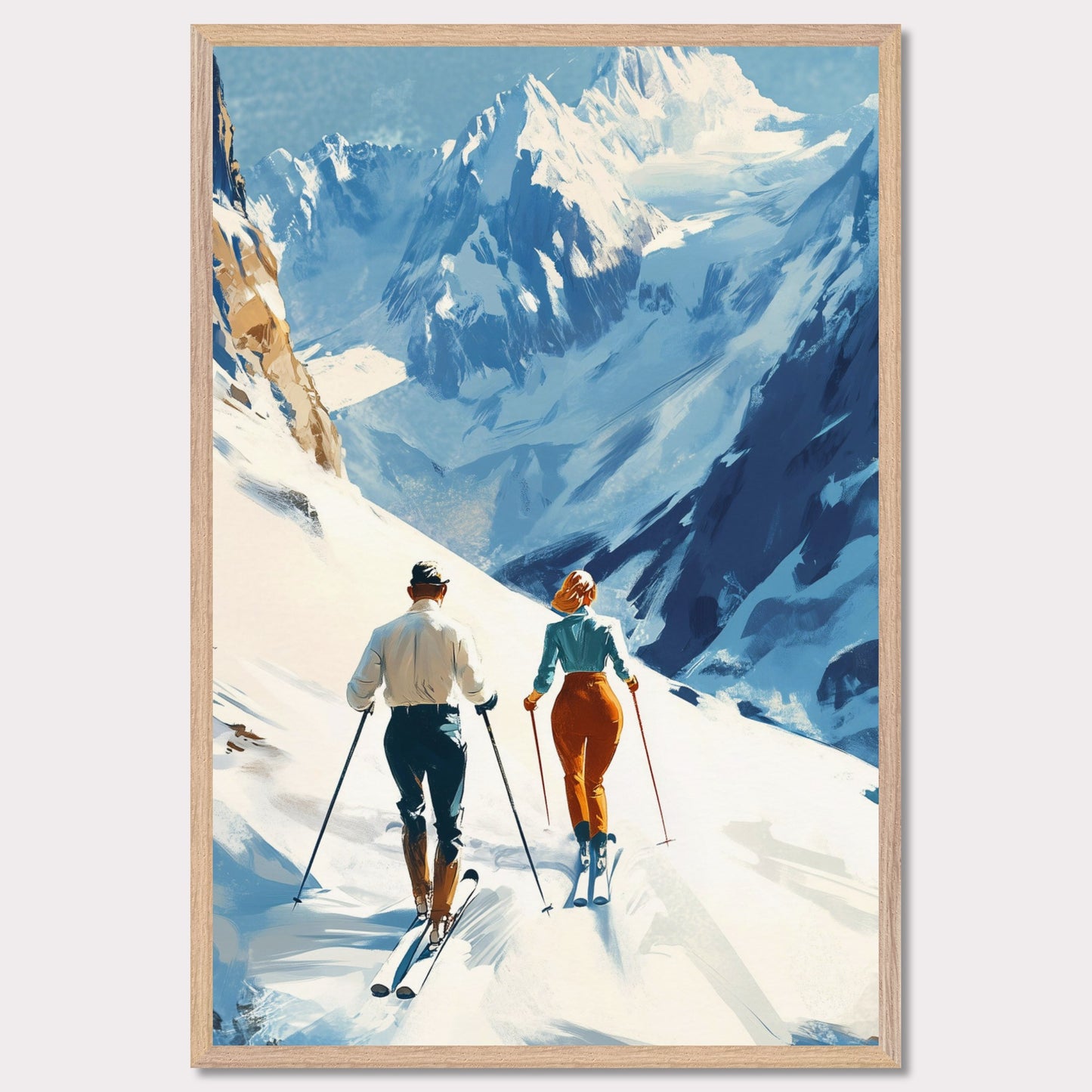 This retro poster captures the elegance and adventure of alpine skiing in Switzerland, circa 1960. Two fashionable skiers glide down the pristine snow with majestic mountains towering in the background. The vibrant colors of their outfits contrast beautifully against the white landscape, while the bold lettering emphasizes the stylish allure of alpine sports.