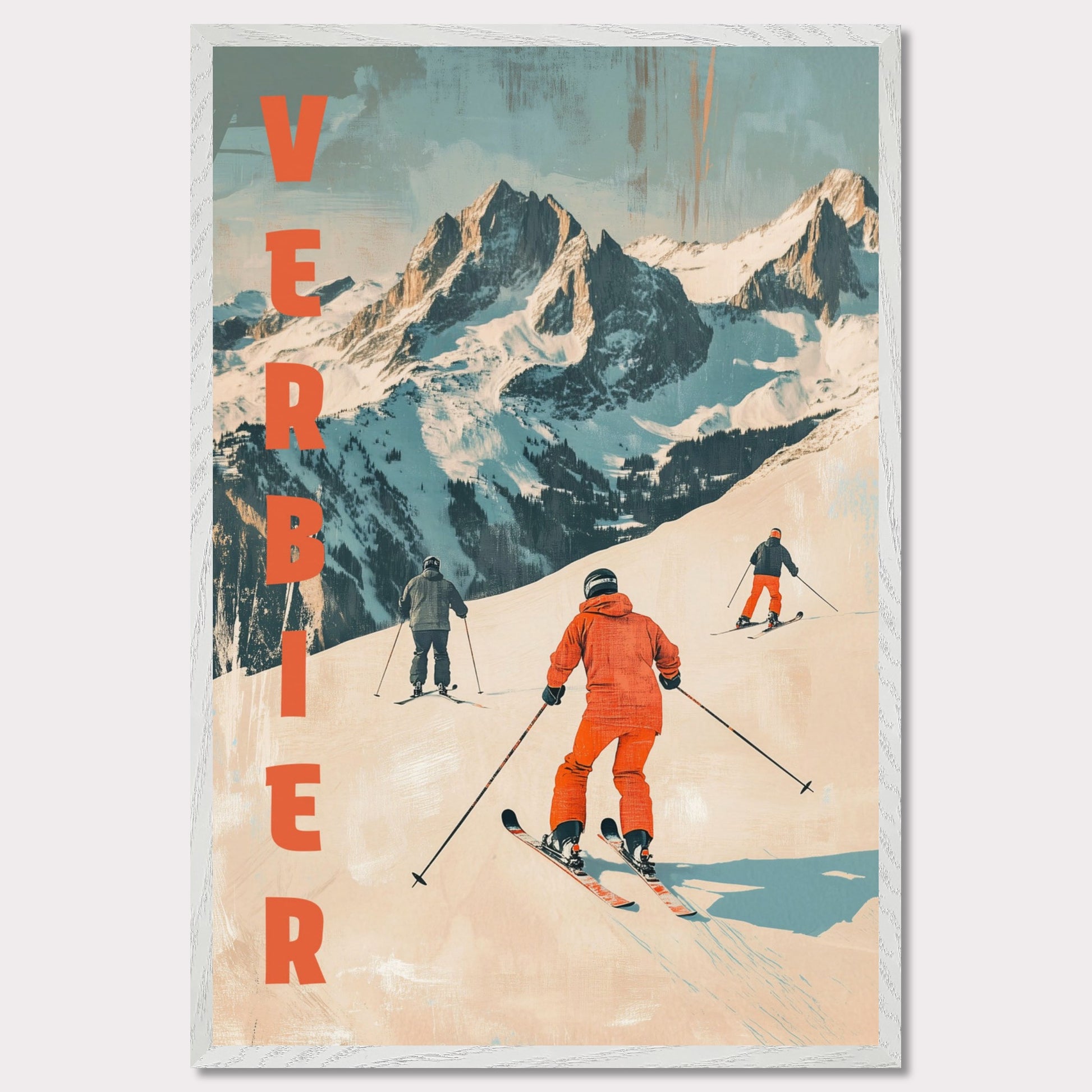 This retro-inspired poster vividly captures the exhilarating spirit of skiing in Verbier. A group of skiers clad in bold orange descends a pristine alpine slope, set against the majestic backdrop of rugged, snow-covered peaks. The textured vintage art style and muted color palette evoke nostalgia while celebrating the dynamic energy of winter sports.