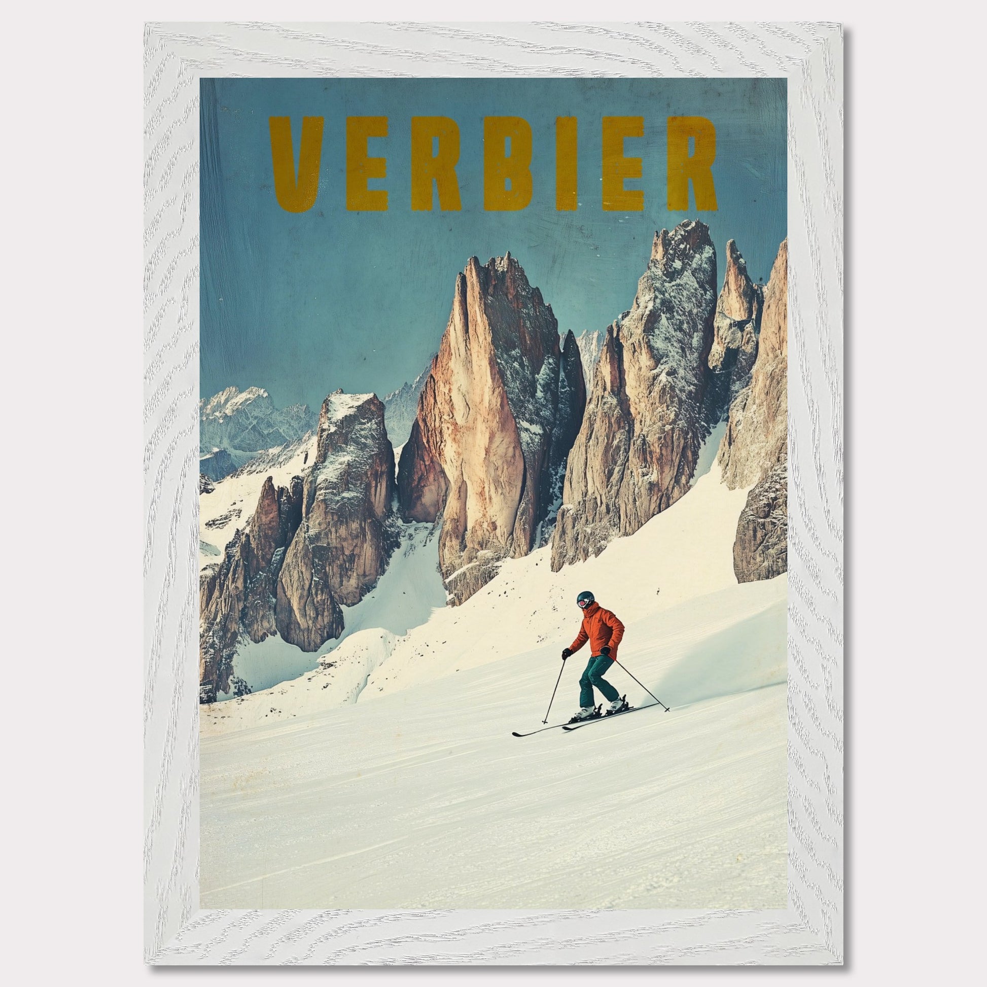 This stunning vintage poster showcases the essence of skiing in Verbier, with a lone skier carving through fresh powder beneath towering, jagged alpine peaks. The vibrant orange jacket of the skier contrasts beautifully with the crisp, snowy landscape and the rugged beauty of the mountains. The bold, retro typography reinforces the feeling of adventure and nostalgia, inviting viewers to experience the thrill of Verbier’s iconic slopes.