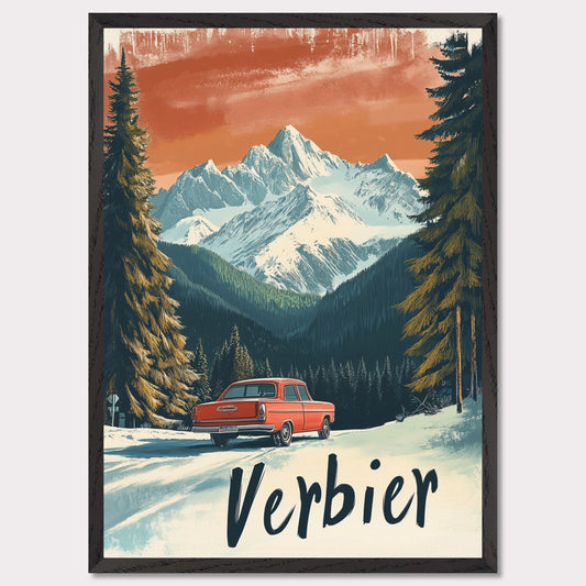 This striking retro-style poster depicts a vintage car driving through a snowy mountain landscape in Verbier. The red car stands out against the backdrop of majestic, snow-covered peaks and towering trees, with the warm orange hues of the sky adding to the nostalgic vibe. The vintage typography and artistic style evoke the allure of road trips through the Swiss Alps, offering a sense of freedom and adventure in a winter wonderland.