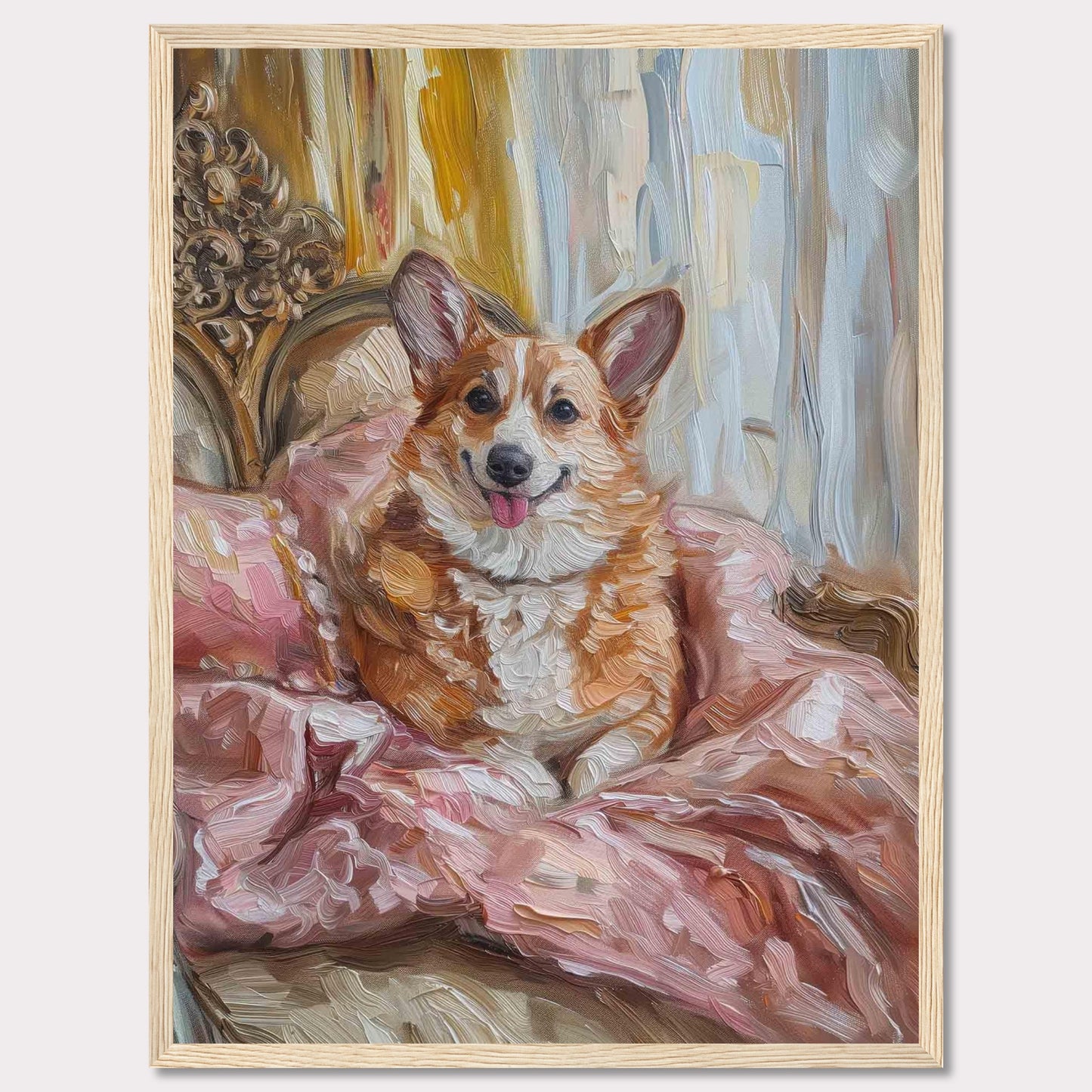 This charming painting captures a joyful corgi nestled in luxurious pink bedding, exuding warmth and happiness. The background features elegant drapery and ornate furniture, adding a touch of sophistication to the scene.