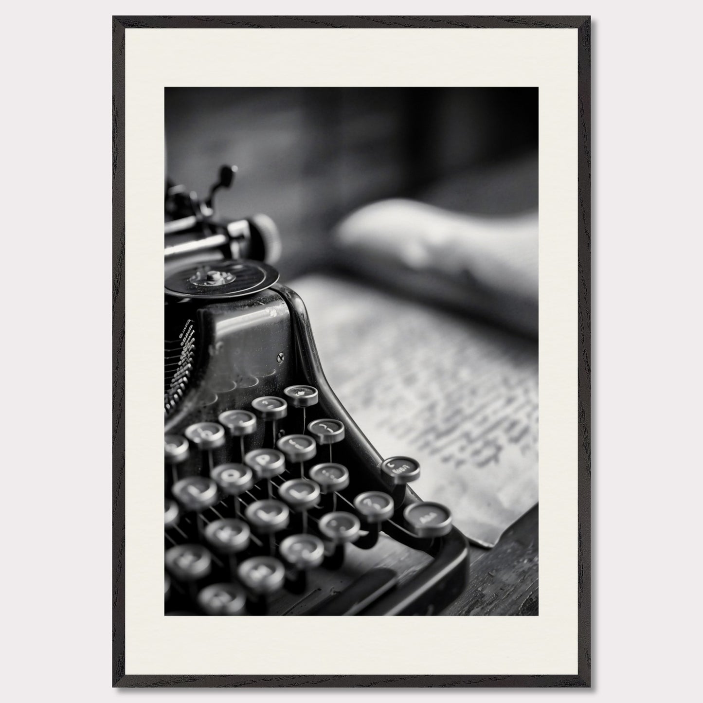 This is a black and white illustration of an old-fashioned typewriter with a blurred background.