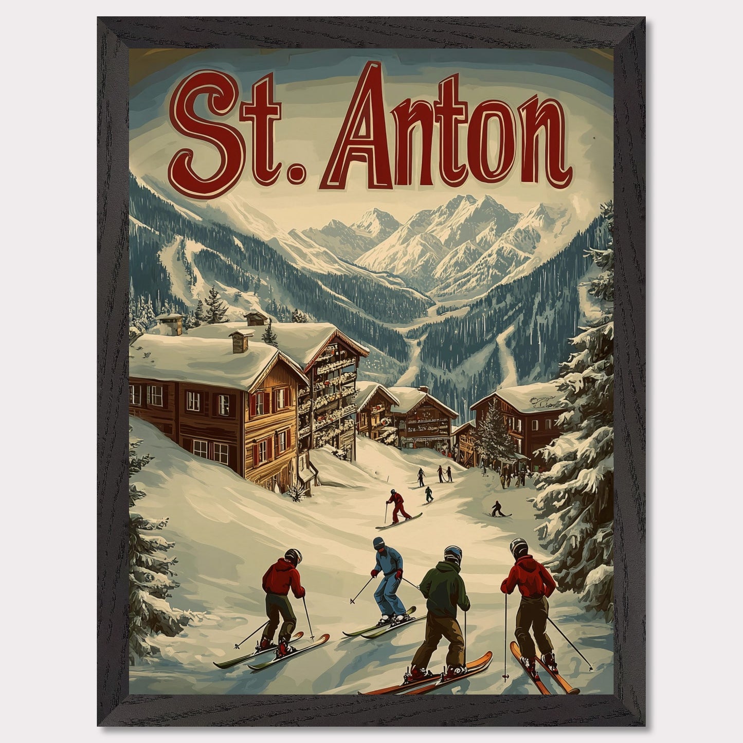 This stunning vintage-inspired poster depicts the idyllic town of St. Anton nestled beneath towering snow-capped peaks. The ski slopes are alive with activity, with skiers descending toward the charming wooden chalets. The warm hues in the sky add a sense of tranquility to the winter landscape, while the retro typography and art style transport the viewer to a time when winter holidays in the Alps were the height of elegance and adventure.