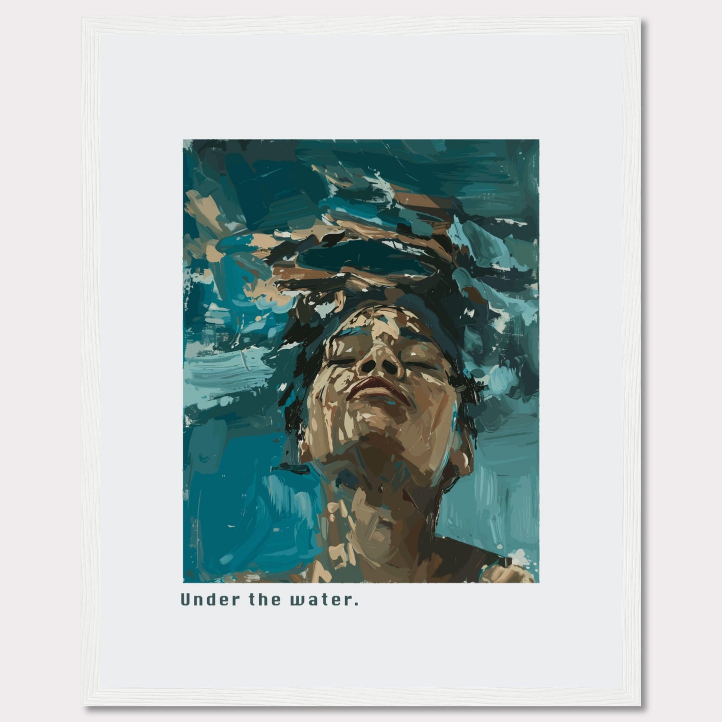 This captivating artwork depicts a serene moment of tranquility and introspection. The image shows a person submerged in water, their face emerging towards the surface, eyes closed in a peaceful expression.