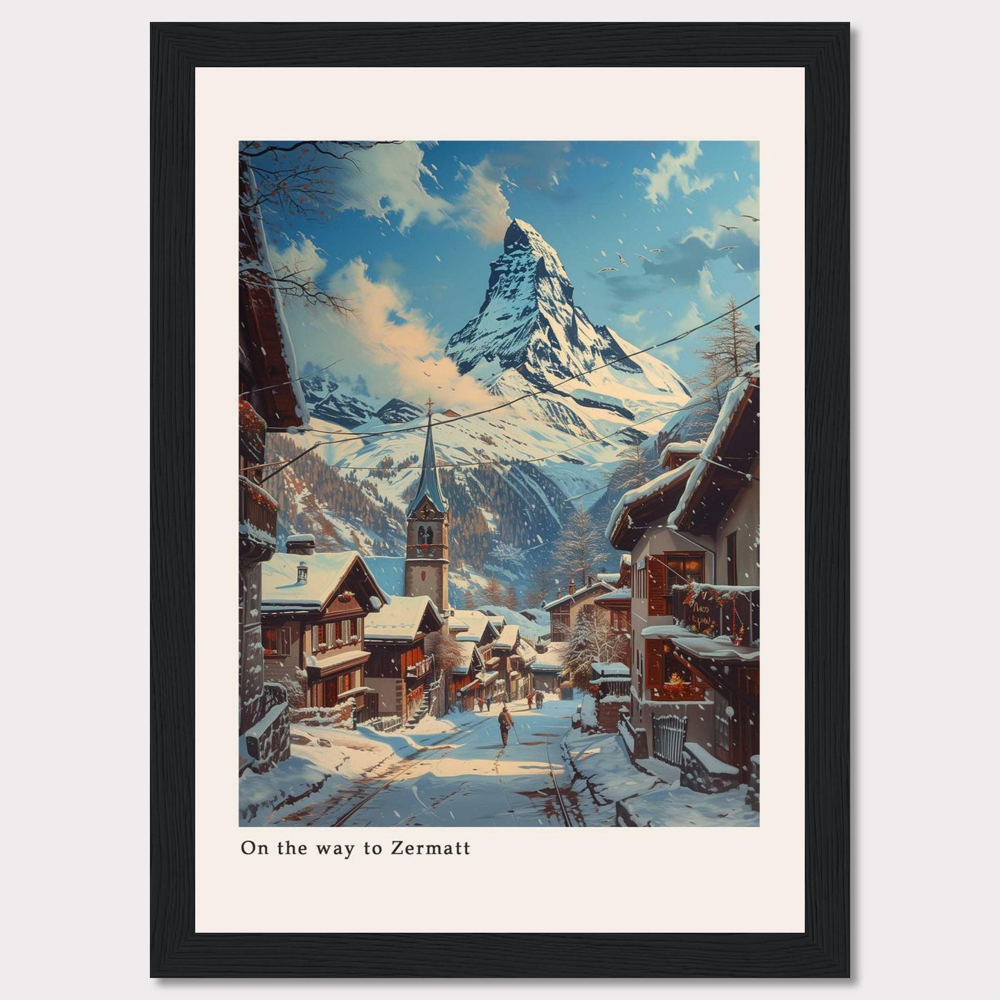 This beautiful artwork captures a serene winter scene on the way to Zermatt, featuring snow-covered rooftops and a majestic mountain in the background.