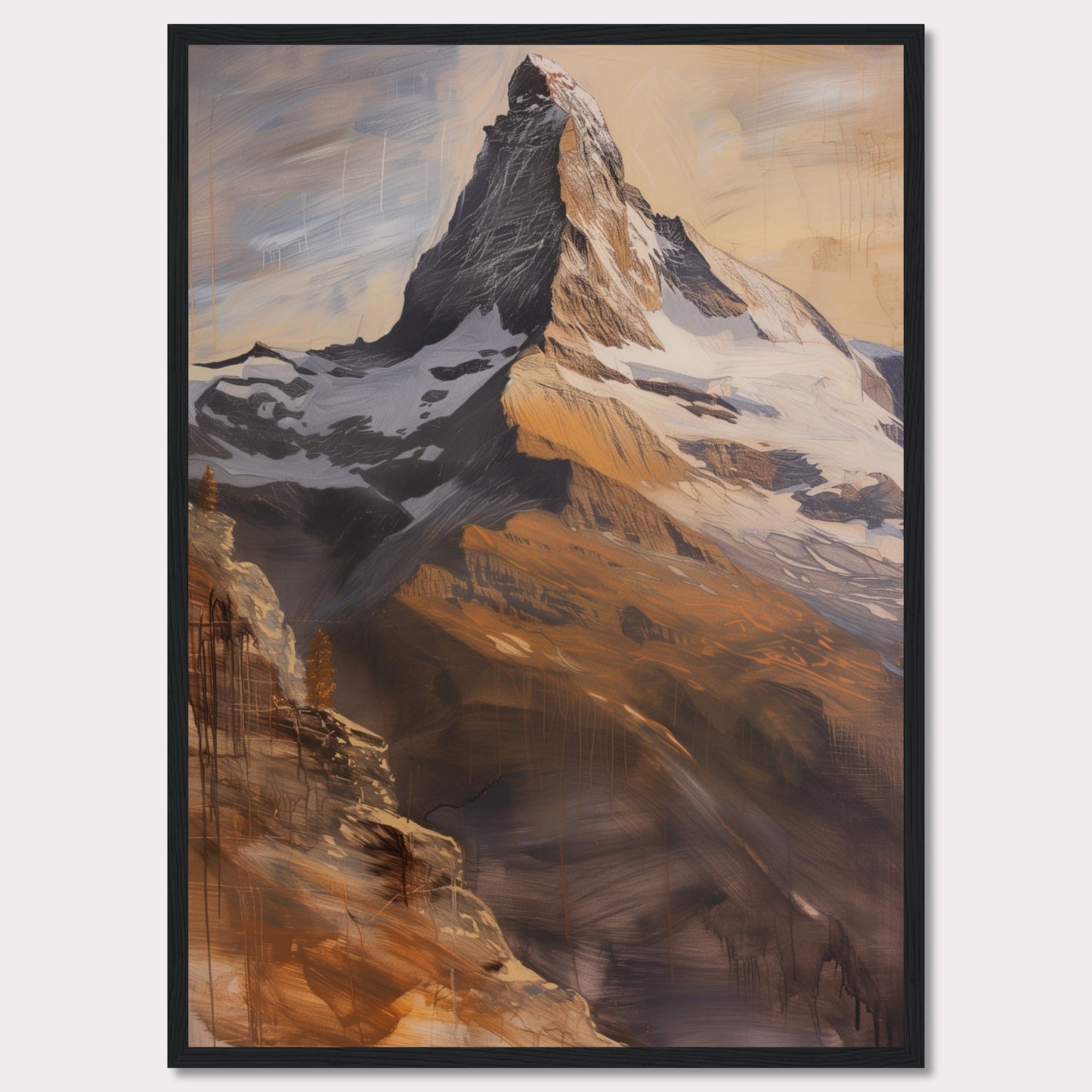 This stunning artwork captures the majestic beauty of a towering mountain peak bathed in warm, golden light. The painting showcases the rugged textures and dramatic contrasts of the rocky terrain, with snow-capped sections adding to its grandeur.