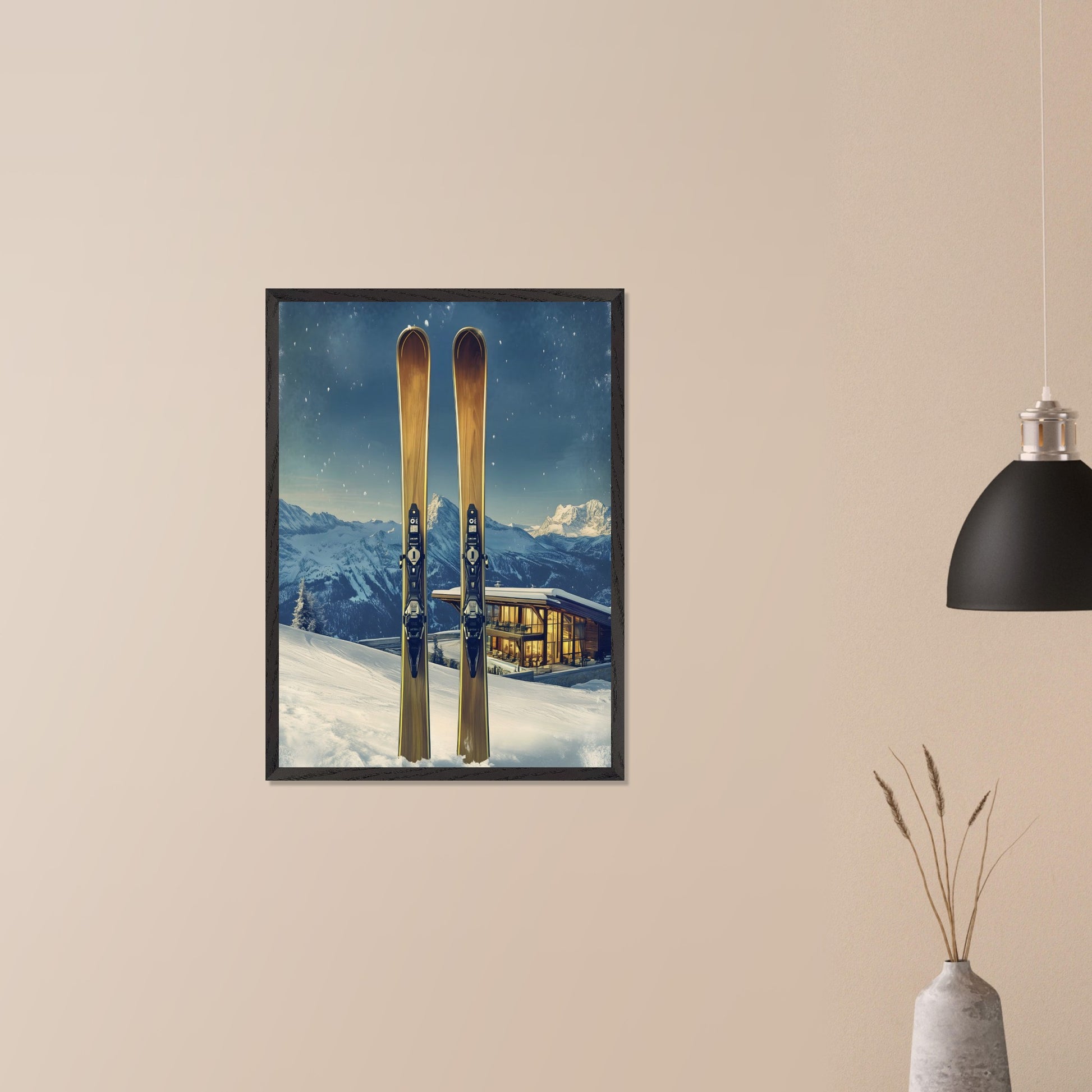 This elegant poster showcases the perfect blend of tradition and modernity in a snowy alpine escape. Two sleek skis stand proudly in the foreground, while a contemporary, glowing chalet nestled in the mountains provides a warm contrast to the frosty winter scene.