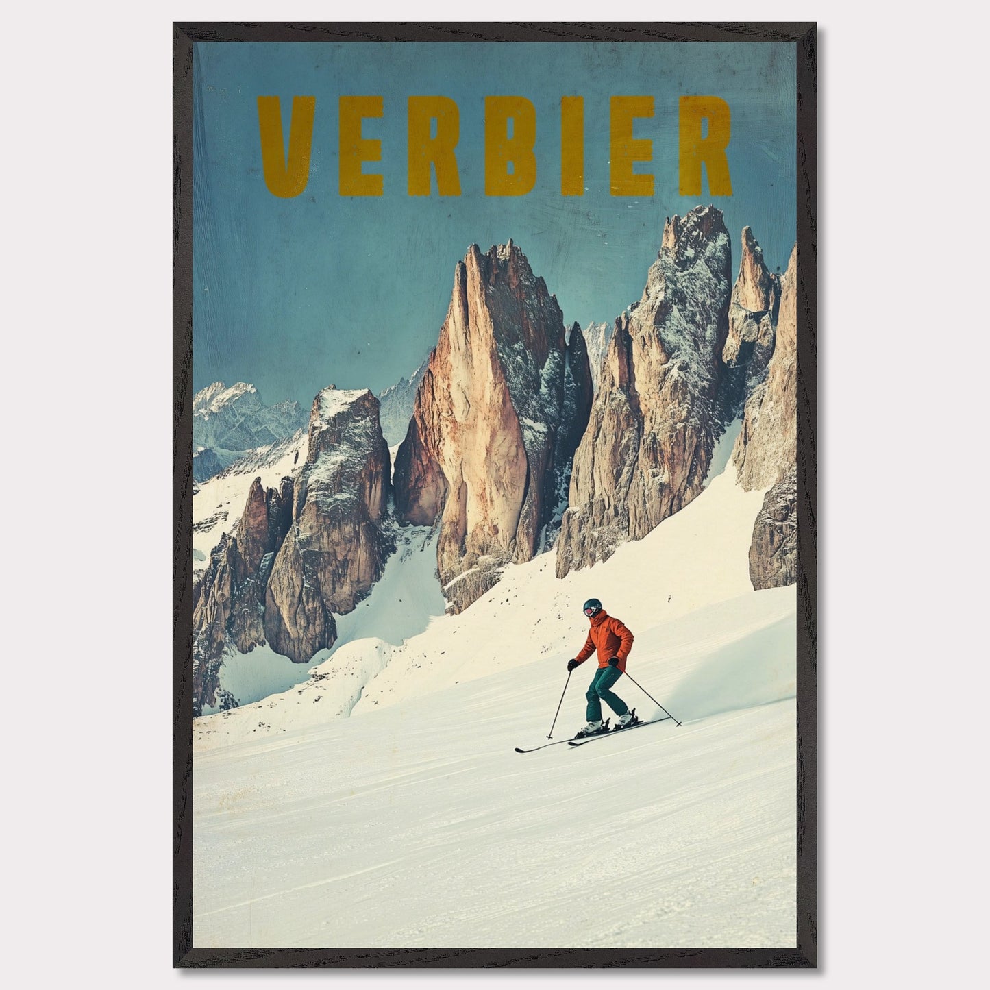 This stunning vintage poster showcases the essence of skiing in Verbier, with a lone skier carving through fresh powder beneath towering, jagged alpine peaks. The vibrant orange jacket of the skier contrasts beautifully with the crisp, snowy landscape and the rugged beauty of the mountains. The bold, retro typography reinforces the feeling of adventure and nostalgia, inviting viewers to experience the thrill of Verbier’s iconic slopes.