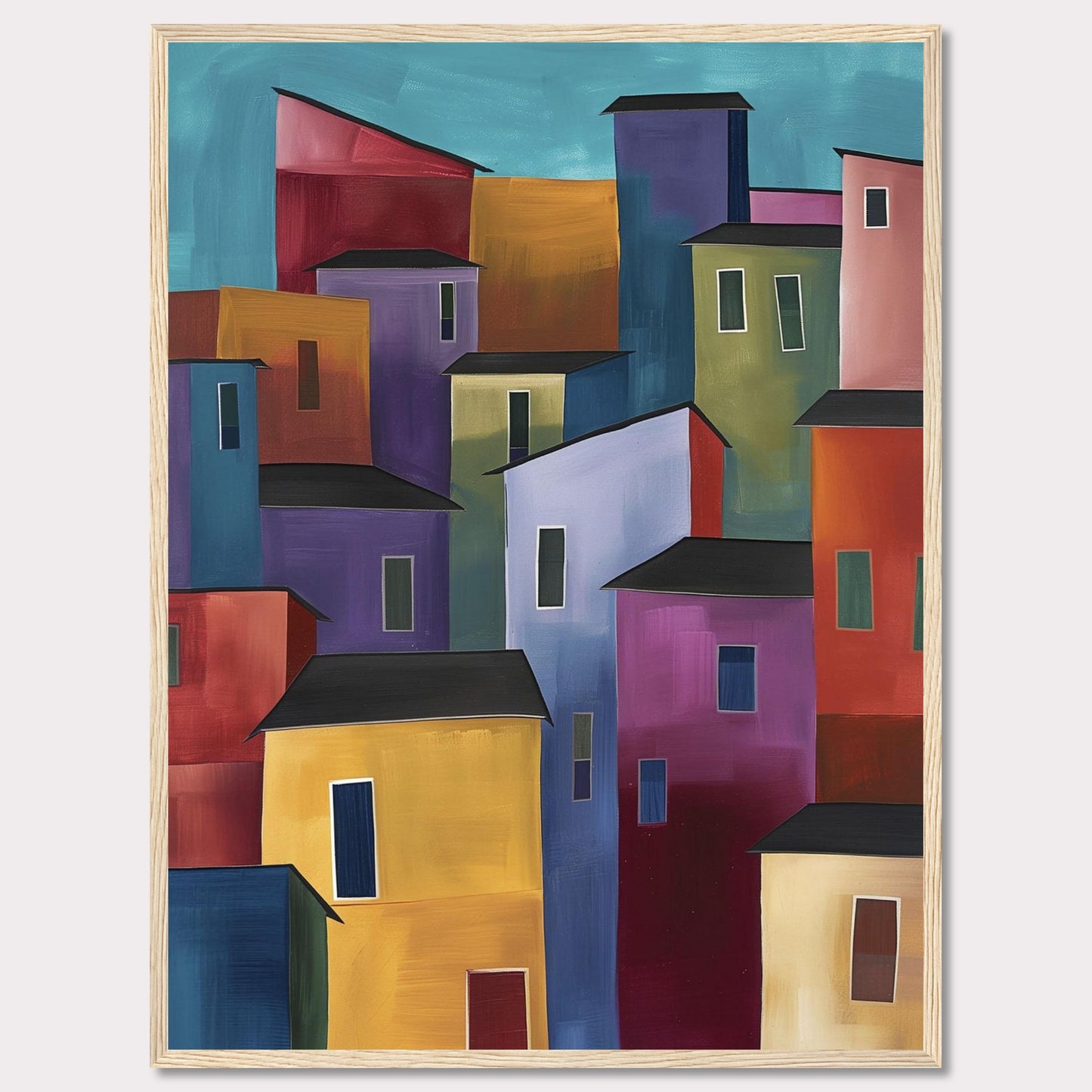 This vibrant painting features a colorful array of abstract buildings, each with unique hues and shapes, set against a serene blue sky. The bold use of colors and geometric forms creates a lively and dynamic cityscape.