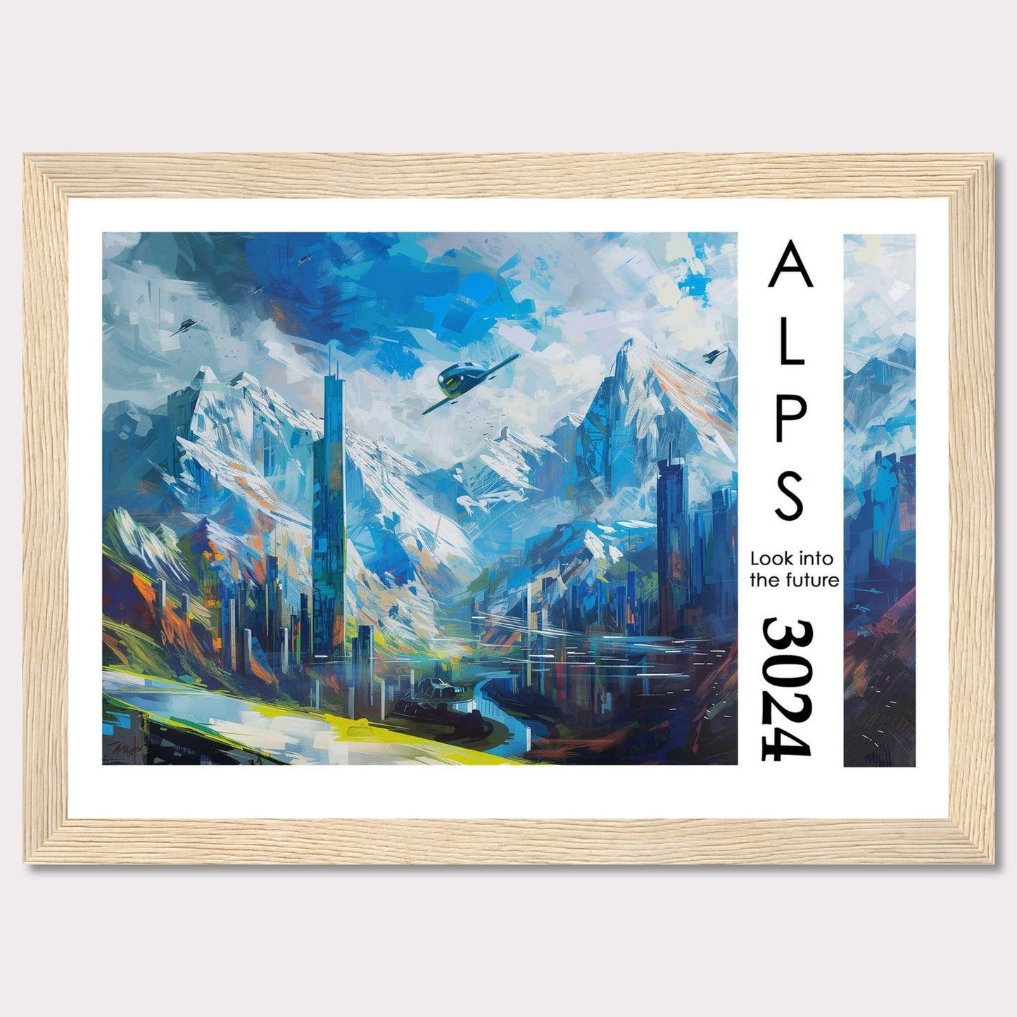 This artwork portrays a futuristic cityscape nestled within the majestic Alps, featuring towering skyscrapers, serene water bodies, and flying vehicles.