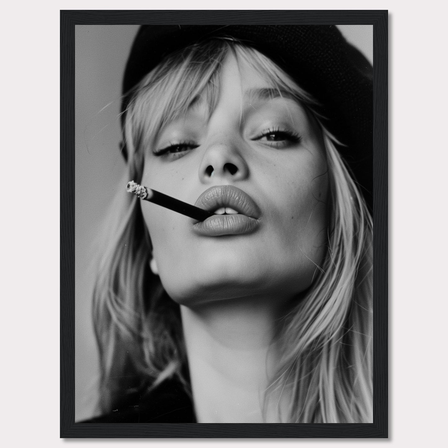 This striking black and white portrait captures a woman with a cigarette between her lips, exuding confidence and allure. Her intense gaze, slightly parted lips, and the casual placement of the cigarette create a bold and edgy aesthetic. The image is framed in a sleek black border, adding to its sophisticated appeal.