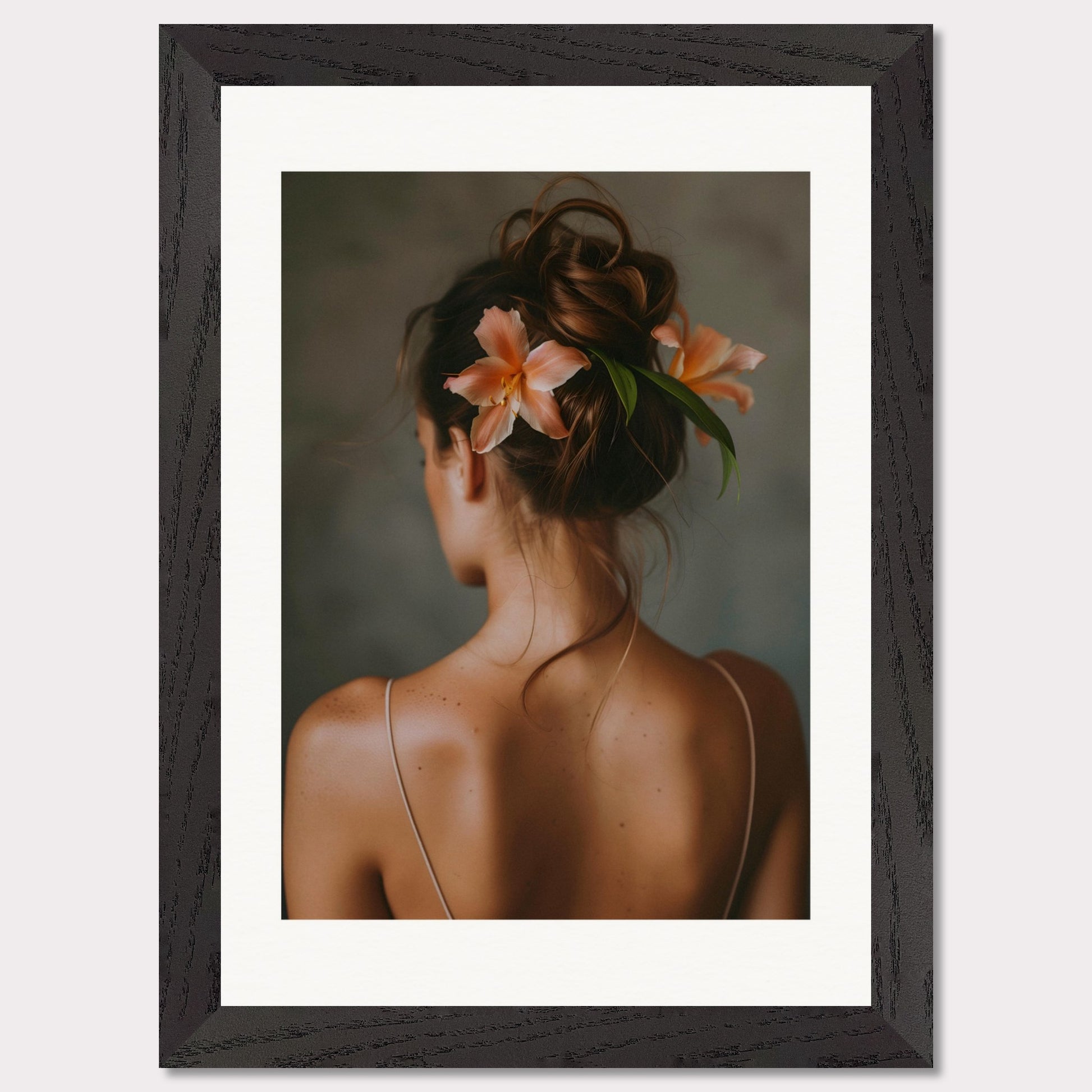 This illustration depicts a woman viewed from behind, with her hair styled in an elegant updo adorned with two peach-colored flowers and green leaves.

This poster would fit well in a bedroom, living room, or any space that benefits from a touch of elegance and natural beauty.