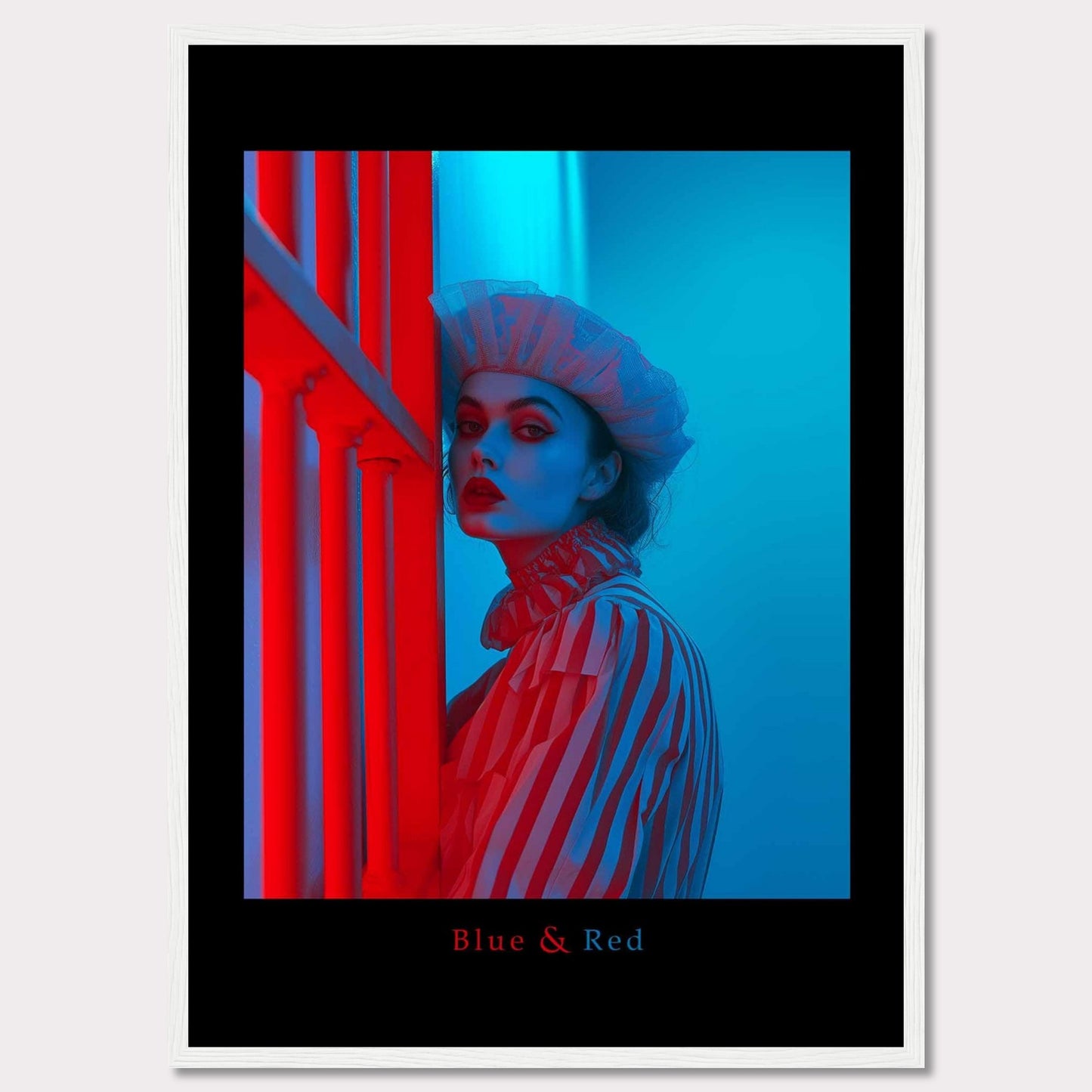 This striking poster features a dramatic portrait of a woman illuminated in contrasting blue and red lighting. The subject is dressed in a striped outfit and a sheer headpiece, creating a bold and artistic visual effect.