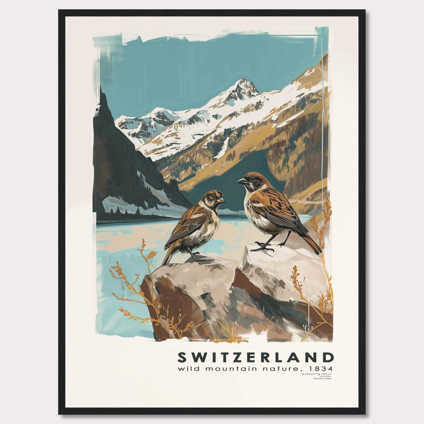 This beautiful illustration captures the serene and majestic nature of Switzerland. Two birds are perched on rocks in the foreground, with a breathtaking backdrop of snow-capped mountains and a tranquil lake.