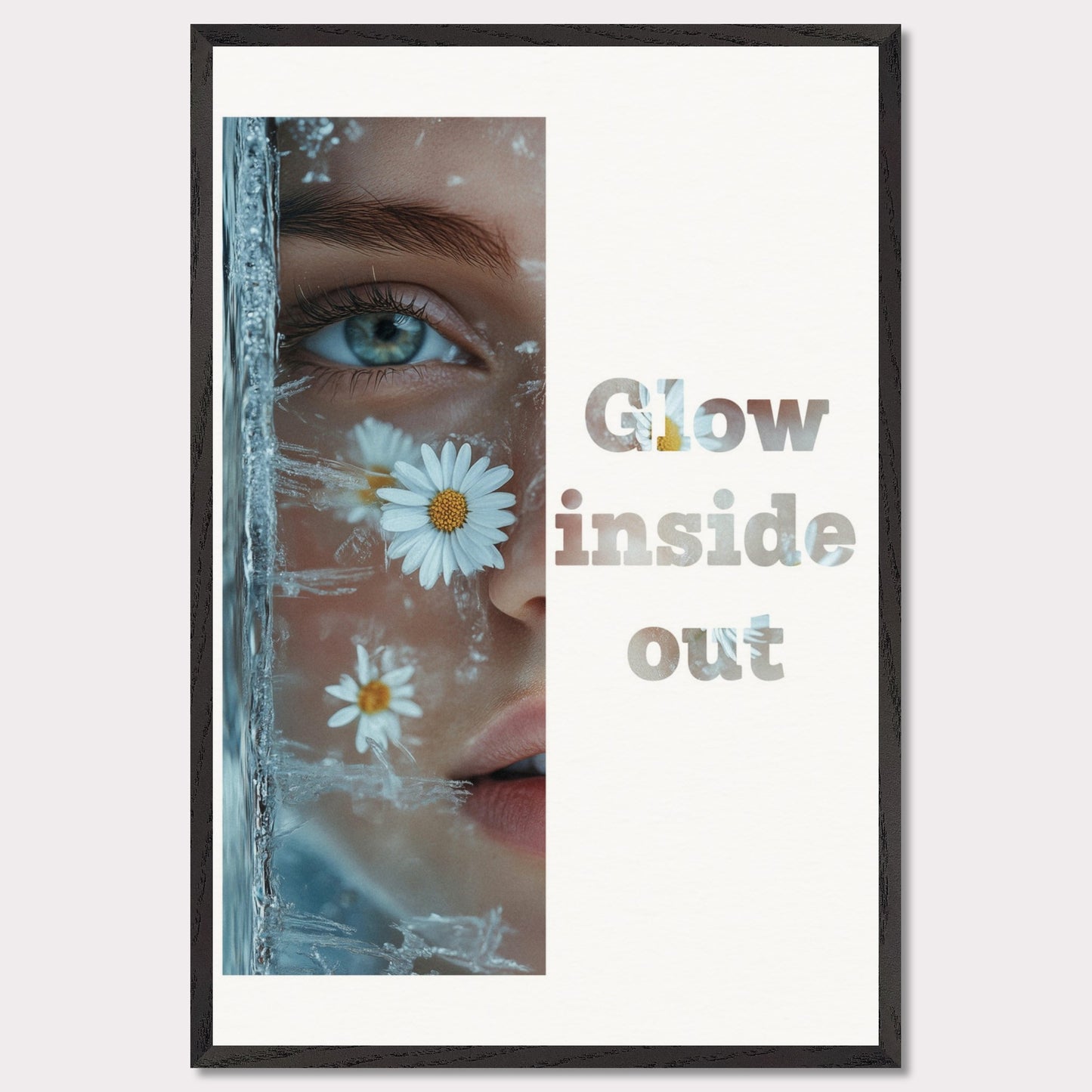 This illustration features a close-up of a person's face with daisies and ice crystals. The text "Glow inside out" is prominently displayed beside the image.

Where will this poster fit: Living room, bedroom, office, hallway, or studio.