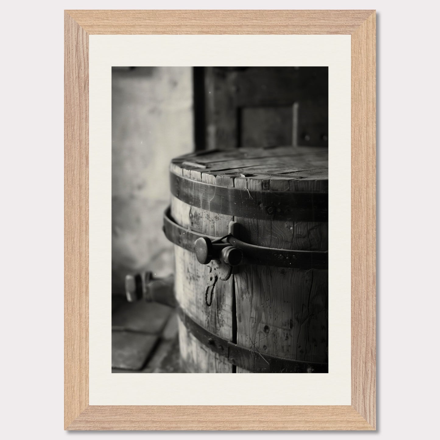 This black and white illustration depicts an old wooden barrel with metal bands, placed in a rustic setting.