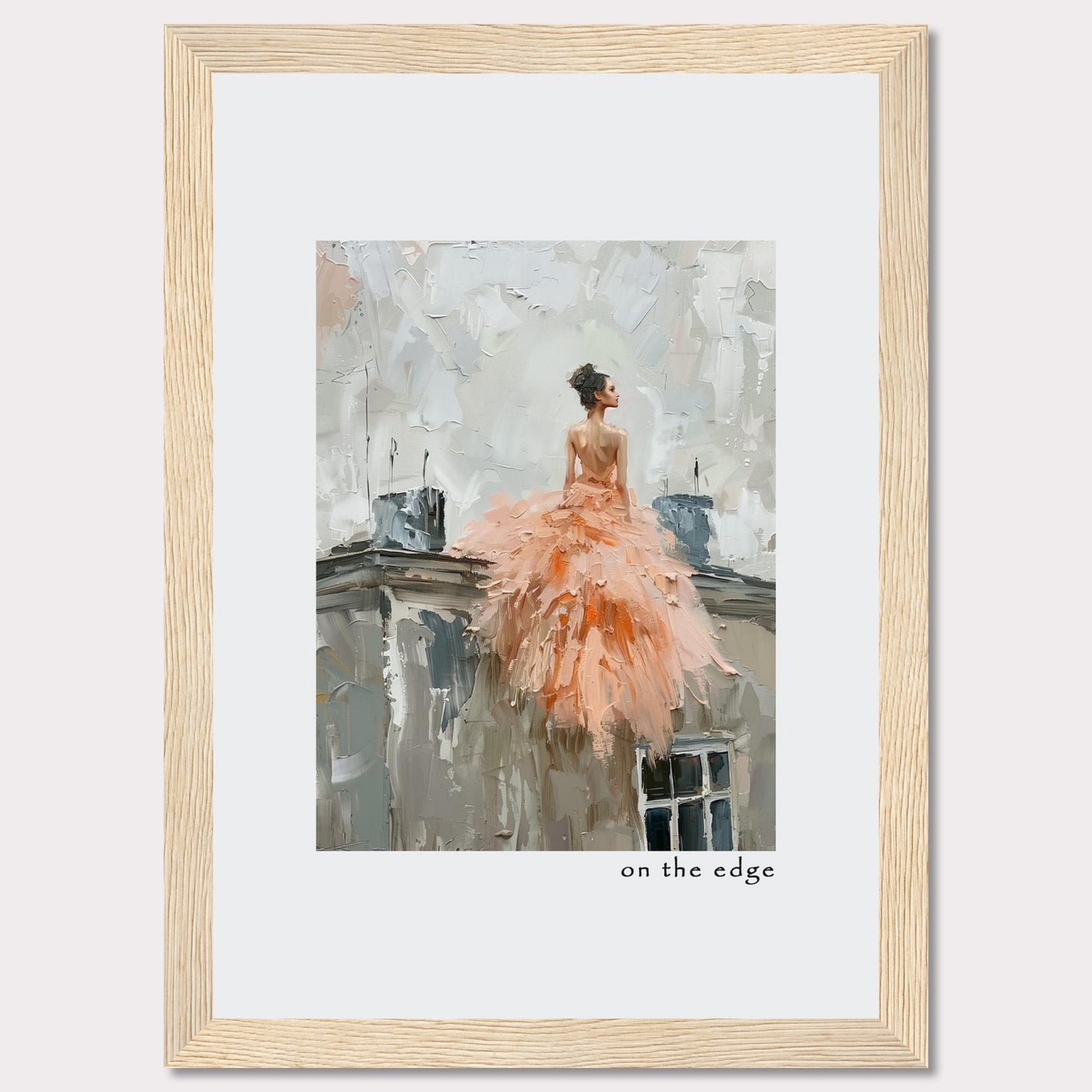 This captivating artwork depicts a woman in a flowing peach dress, standing on the edge of a rooftop. The painting's impressionistic style adds a dreamy, ethereal quality to the scene.