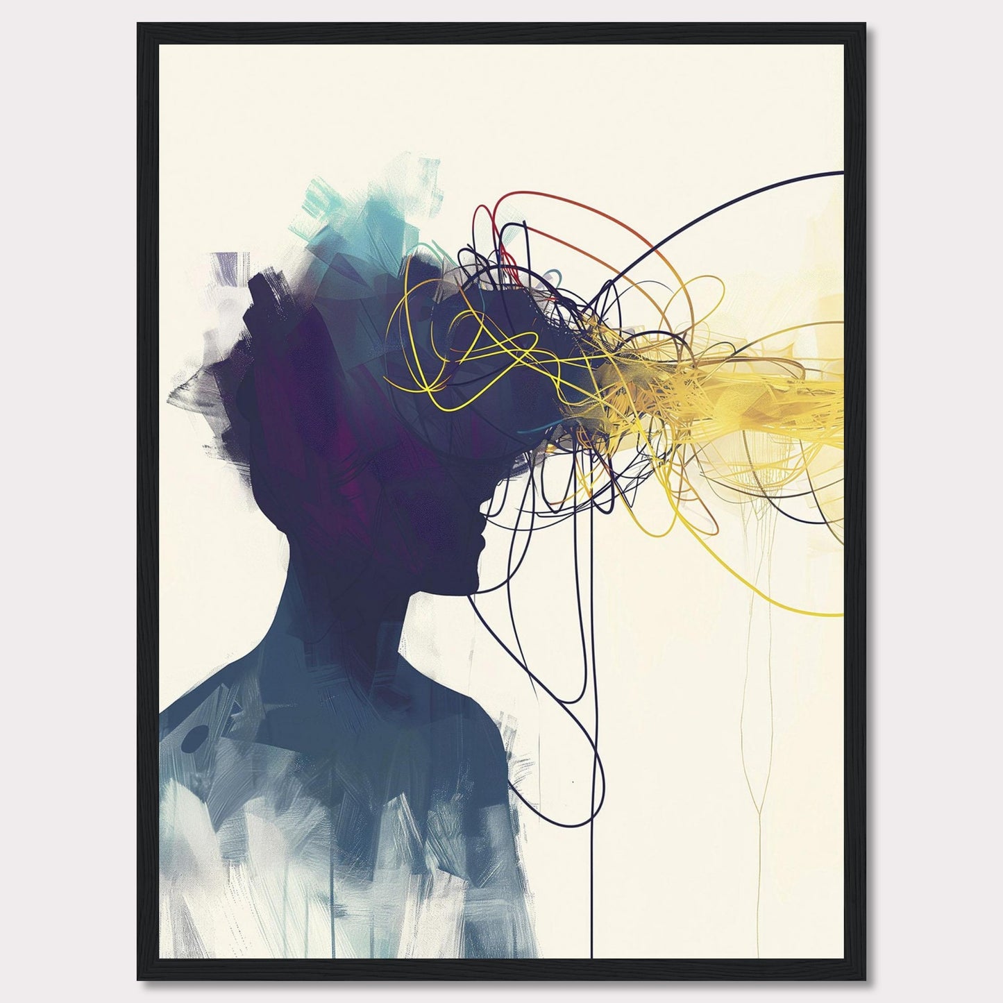 This captivating artwork features the silhouette of a person with an explosion of colorful, tangled lines emanating from their head, representing thoughts and creativity. The abstract design is set against a minimalist background, contrasting the vibrant colors with the dark silhouette.