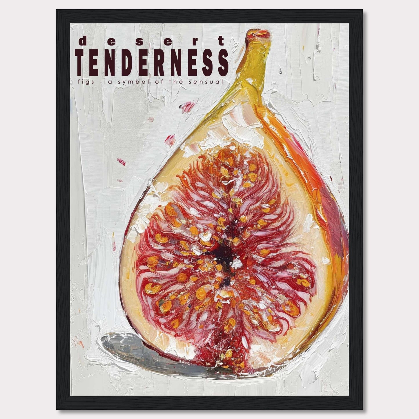 This image features an artistic representation of a fig, emphasizing its rich, sensual qualities. The painting uses bold brushstrokes and vibrant colors to highlight the intricate details of the fruit.