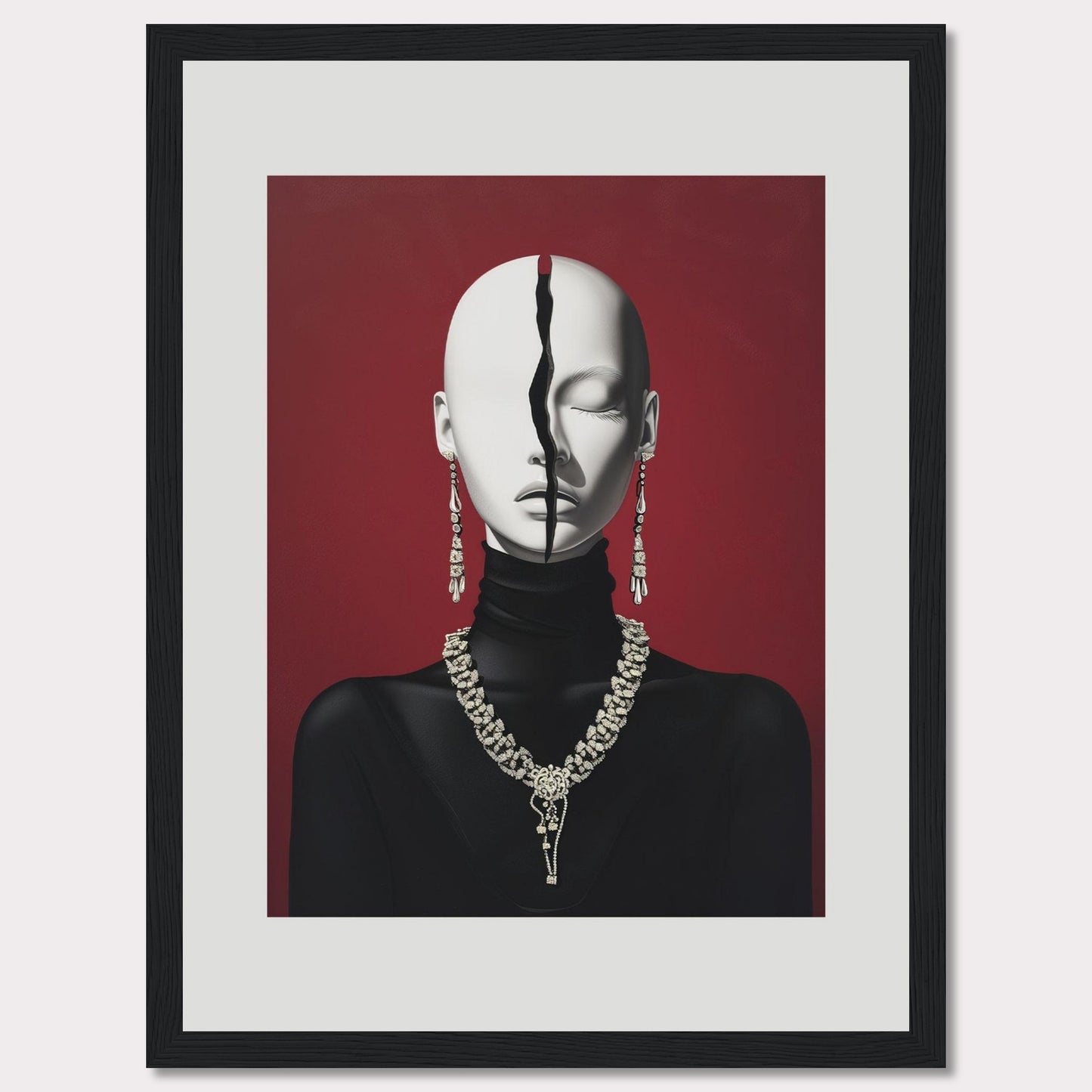 This striking artwork features a mannequin-like figure with a dramatic crack running down the center of its face, set against a bold red background. The figure is adorned with elaborate jewelry, including dangling earrings and an ornate necklace. The contrast between the smooth, expressionless face and the deep crack creates a powerful visual impact.