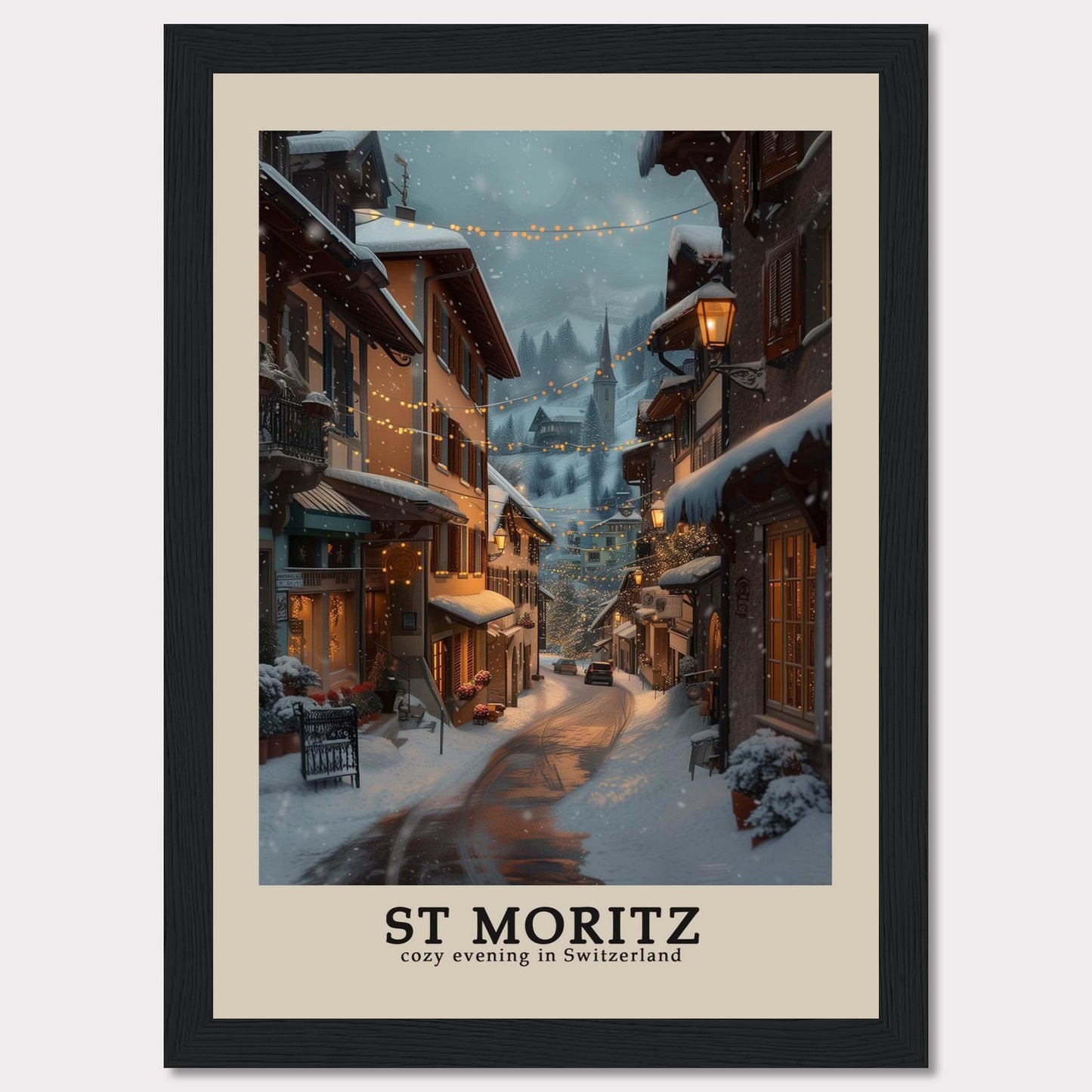 This photo showcases a charming winter evening in St. Moritz, Switzerland. The scene features snow-covered streets adorned with warm, glowing lights, quaint buildings with festive decorations, and a serene, picturesque ambiance.