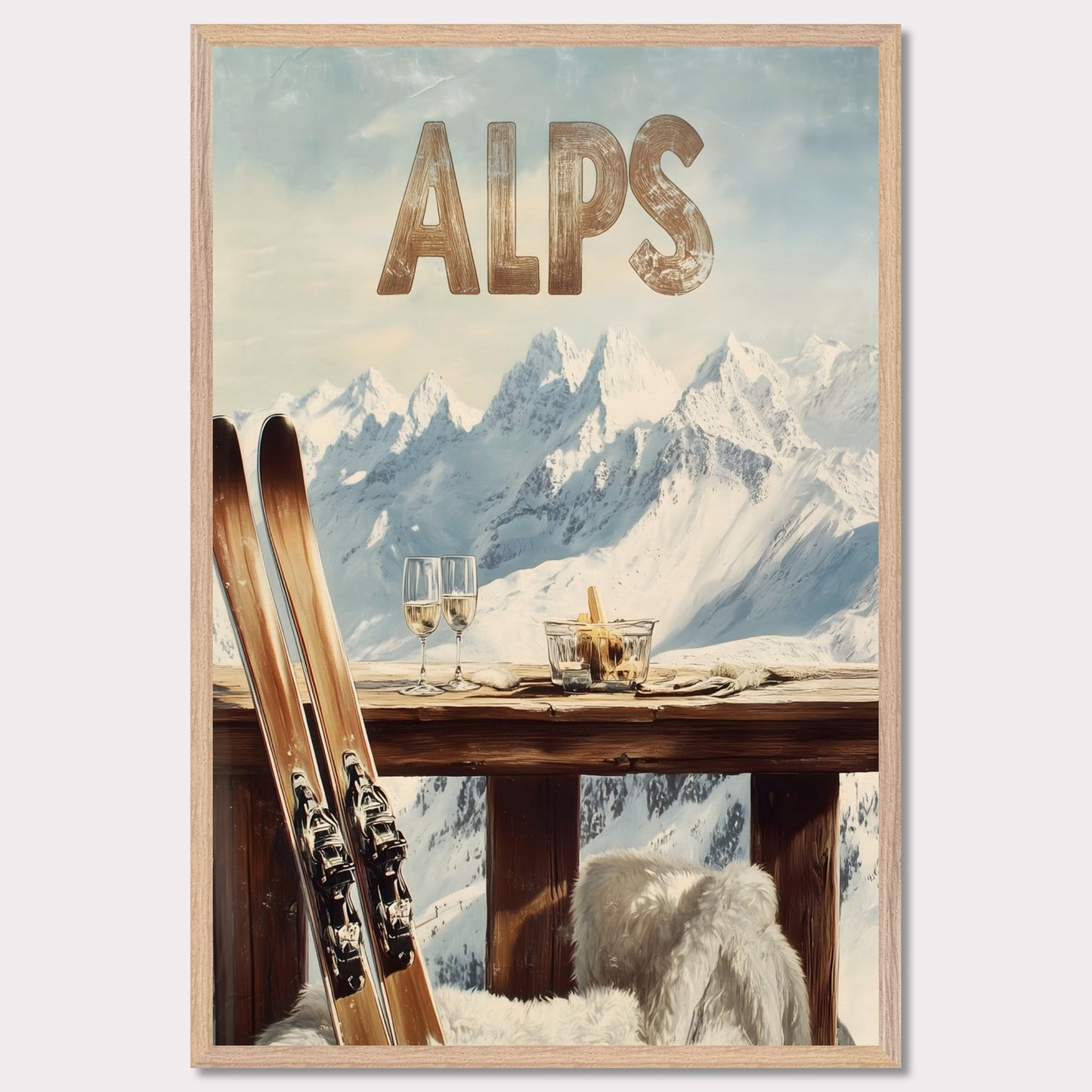 This vibrant poster captures the charm of après-ski culture with a rustic wooden terrace overlooking snow-covered mountains. The warm textures of fur throws and the elegant wine glasses create an inviting post-ski ambiance.