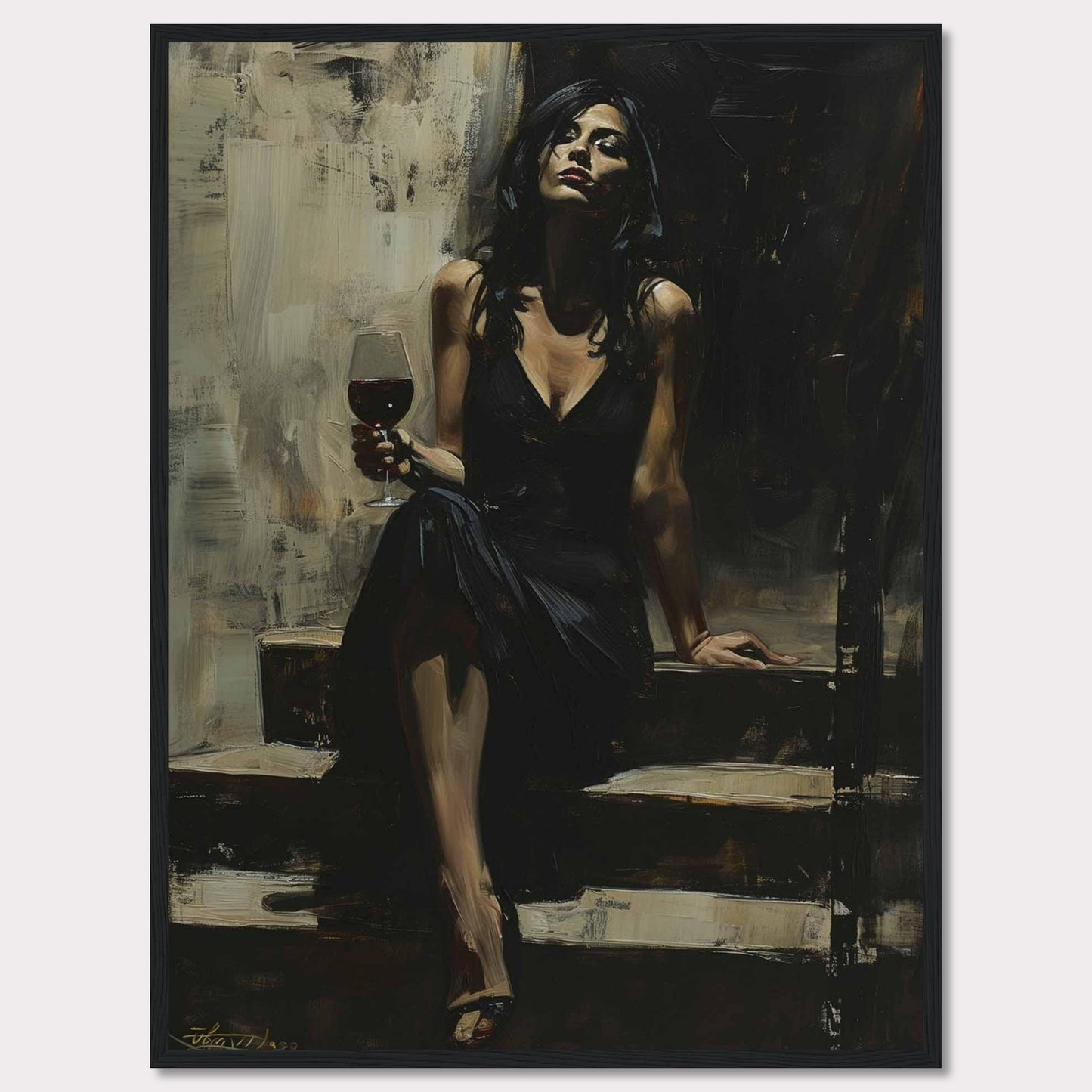 This captivating painting depicts a woman in an elegant black dress, seated on a set of steps. She holds a glass of red wine, exuding confidence and sophistication. The dark, moody background contrasts with her poised demeanor, creating a sense of intrigue and allure.