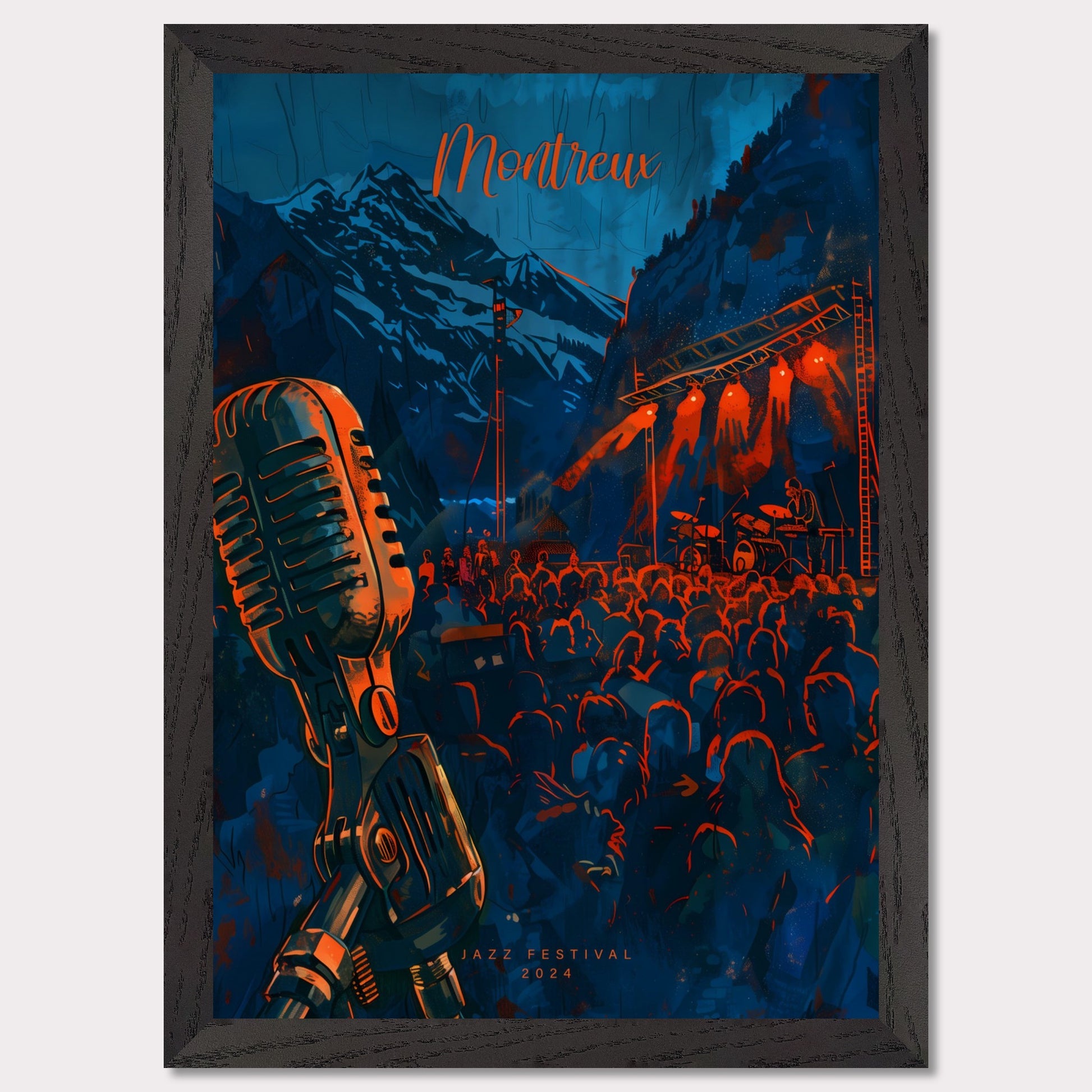 Experience the magic of Montreux Jazz Festival 2024! This vibrant poster captures the essence of live music against a stunning mountain backdrop. Join the crowd, feel the rhythm, and be part of an unforgettable musical journey.