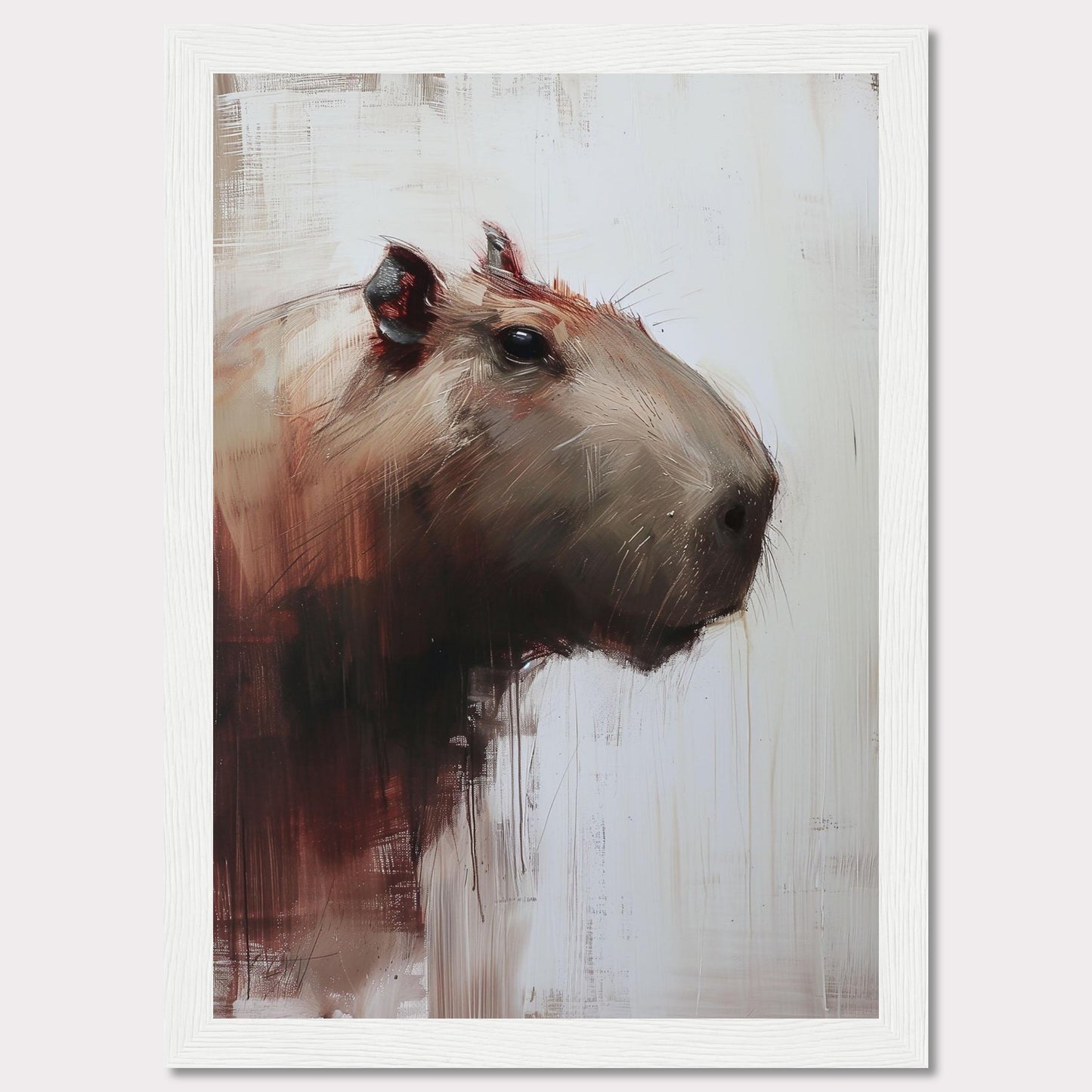 This image showcases a striking painting of a capybara, rendered in a modern, abstract style. The artwork features bold brush strokes and a muted color palette, with the capybara's head turned slightly to the side.