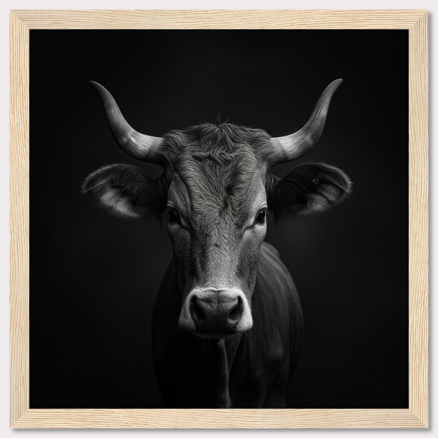 This stunning black and white photograph captures the striking image of a cow, highlighting its majestic horns and serene expression. The detailed texture of the cow's fur is beautifully contrasted against the dark background, creating a powerful visual impact.