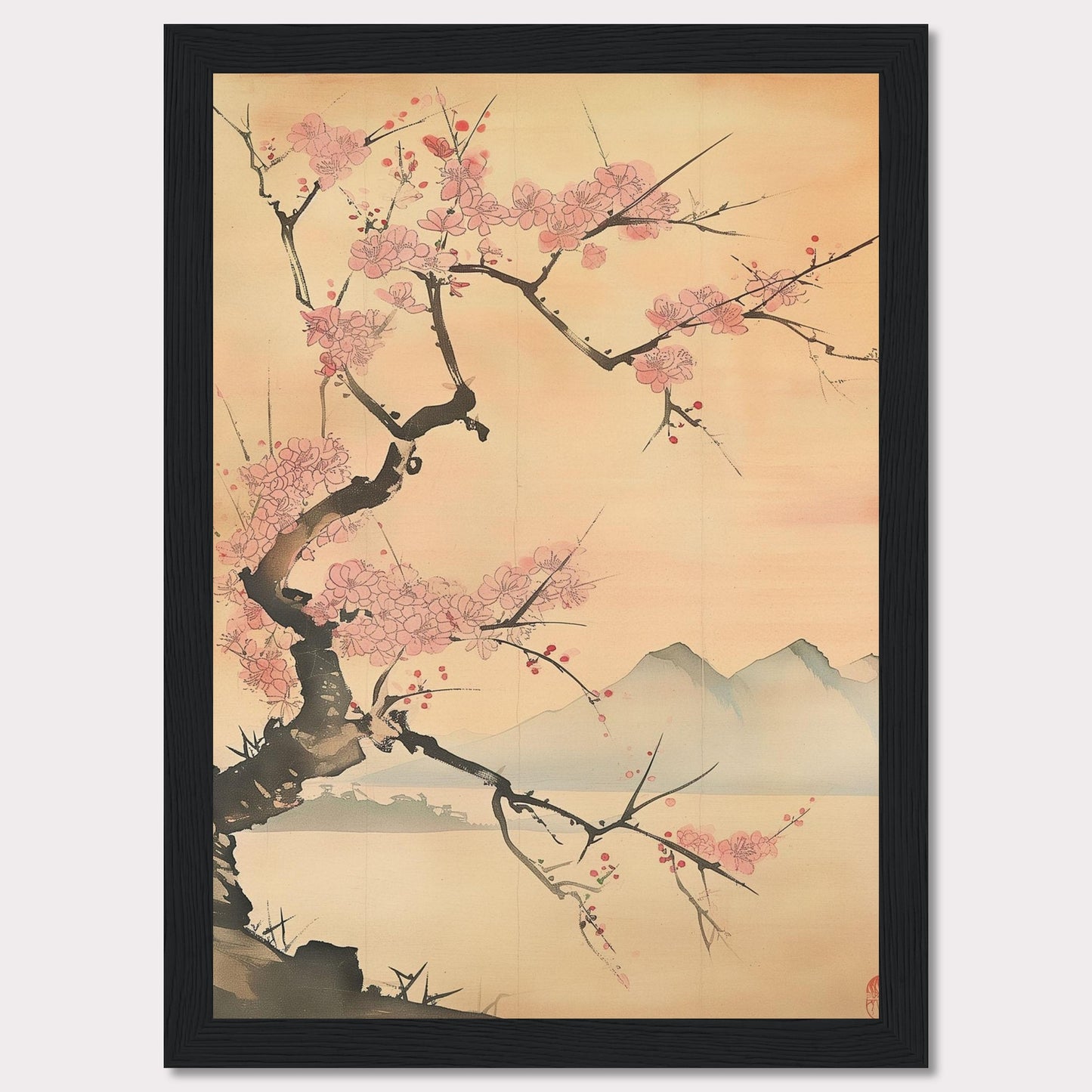 This beautiful artwork features a delicate cherry blossom tree in full bloom against a serene backdrop of distant mountains. The soft pastel hues create a tranquil and calming atmosphere, perfect for any living space.