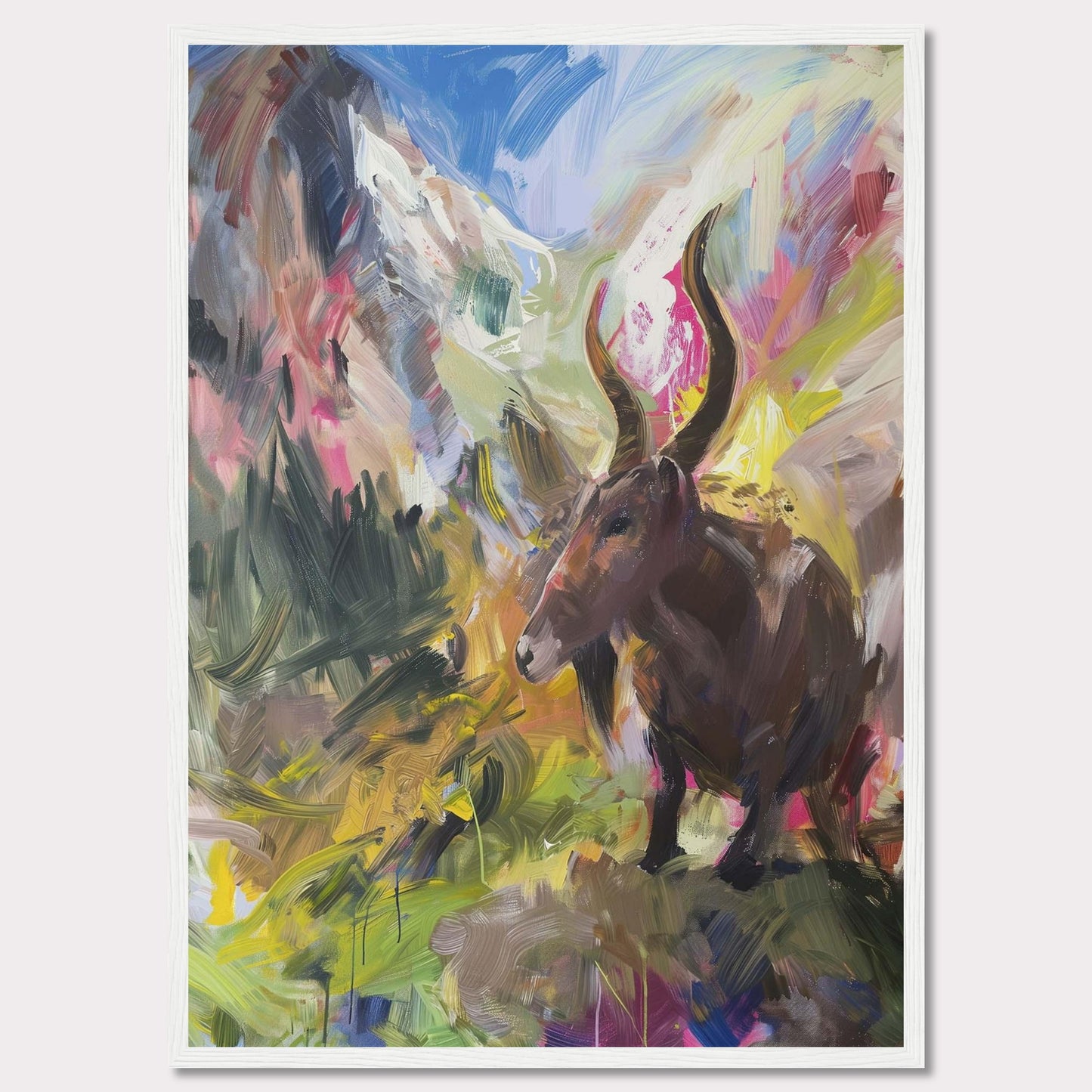 This vibrant painting captures a majestic animal with large horns standing amidst a colorful, abstract landscape. The background features dynamic brushstrokes of mountains, sky, and foliage, blending together in an explosion of colors.