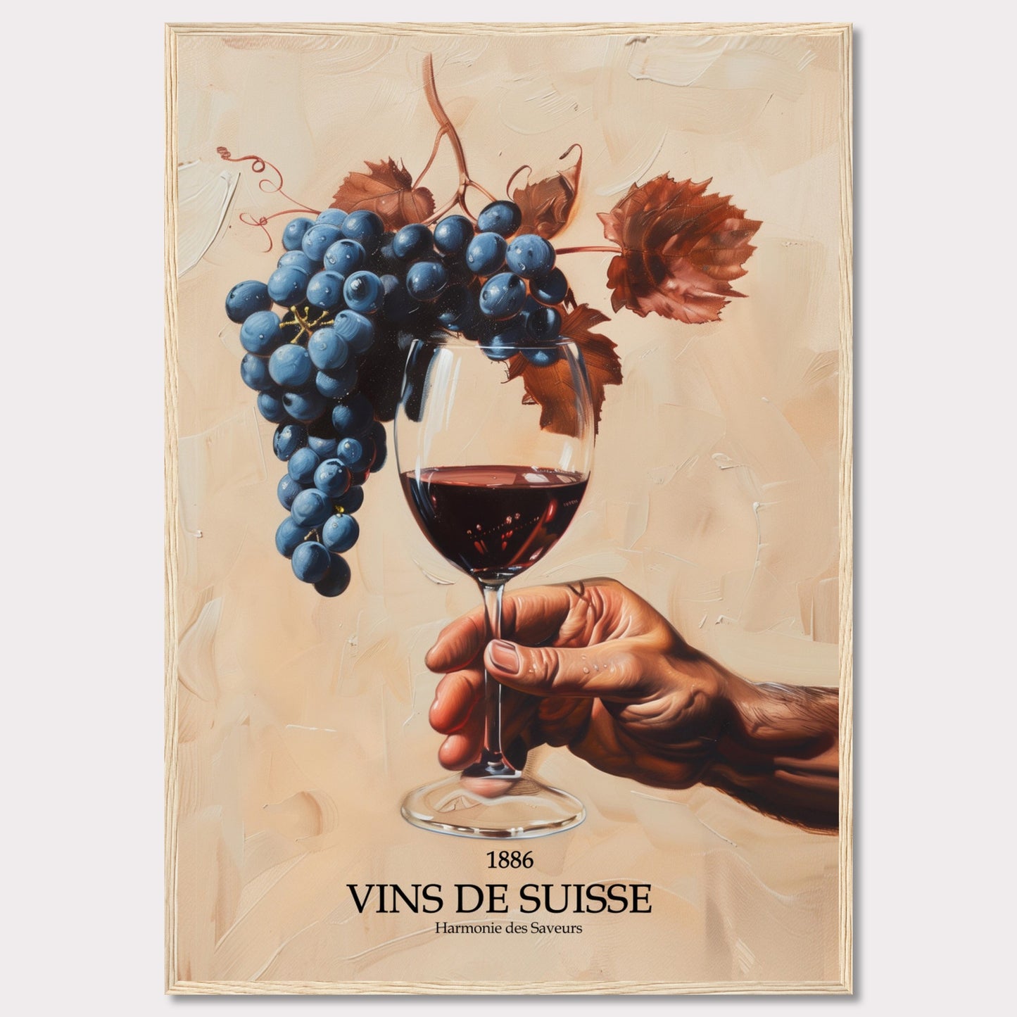 This captivating image showcases a hand holding a glass of red wine, with a luscious bunch of grapes hanging above it. The background is painted in warm, earthy tones, enhancing the rich colors of the grapes and wine.