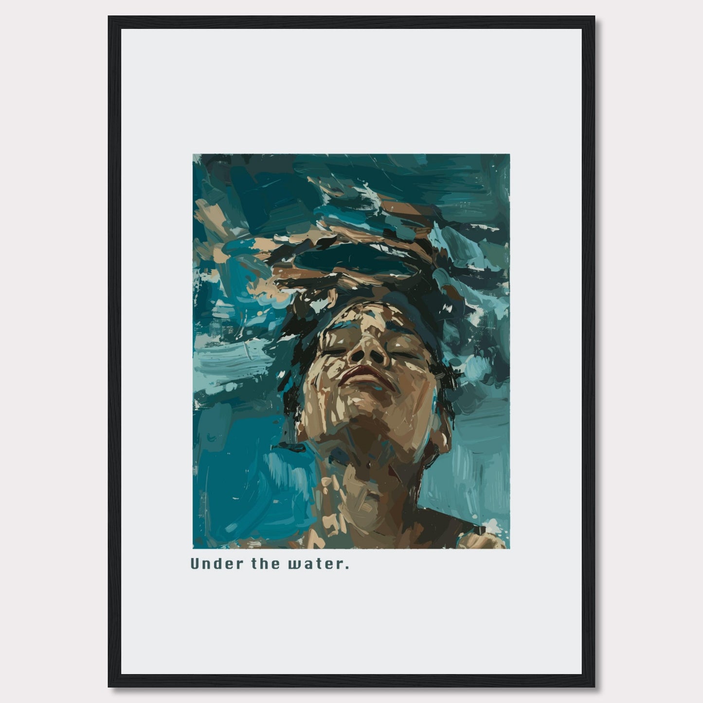 This captivating artwork depicts a serene moment of tranquility and introspection. The image shows a person submerged in water, their face emerging towards the surface, eyes closed in a peaceful expression.