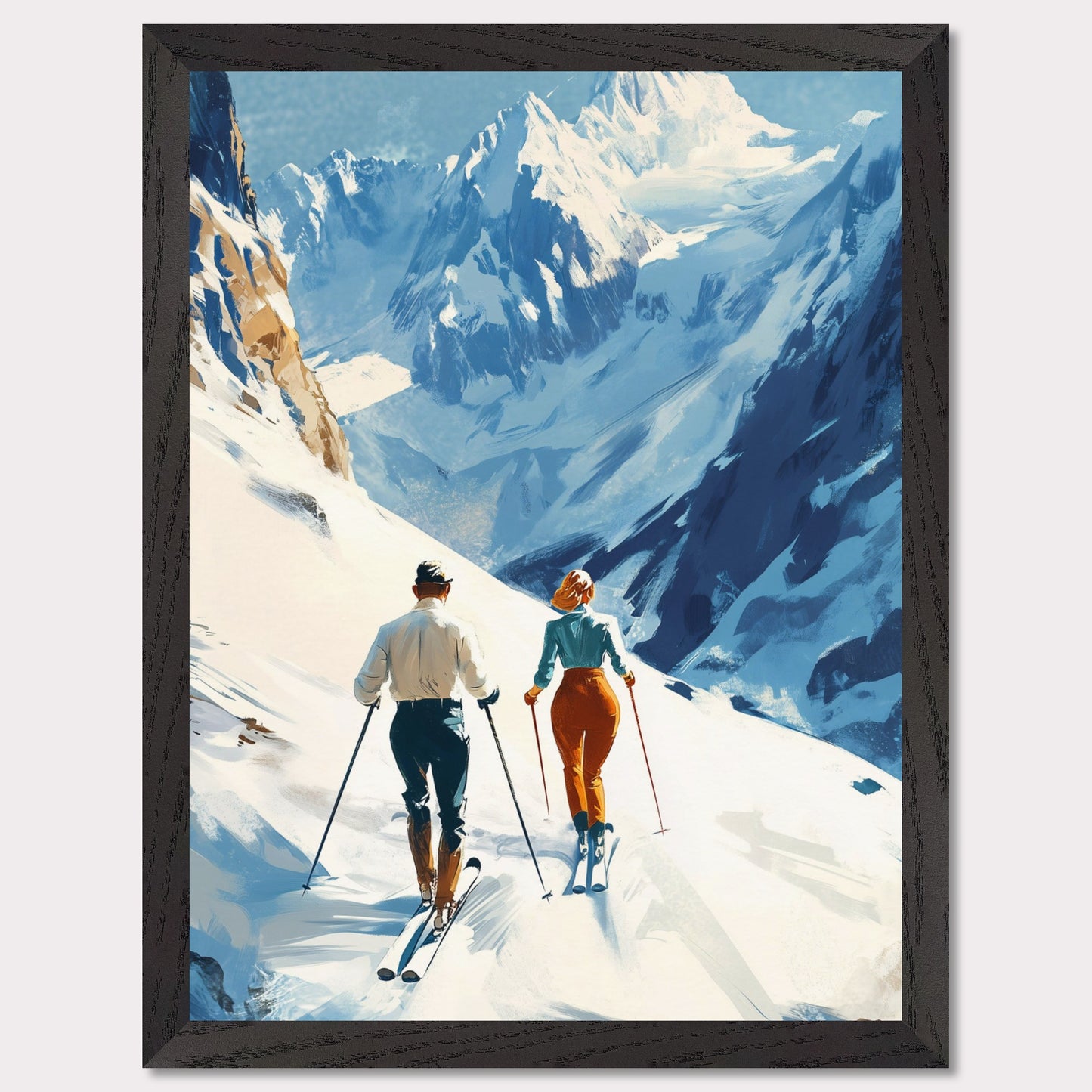 This retro poster captures the elegance and adventure of alpine skiing in Switzerland, circa 1960. Two fashionable skiers glide down the pristine snow with majestic mountains towering in the background. The vibrant colors of their outfits contrast beautifully against the white landscape, while the bold lettering emphasizes the stylish allure of alpine sports.