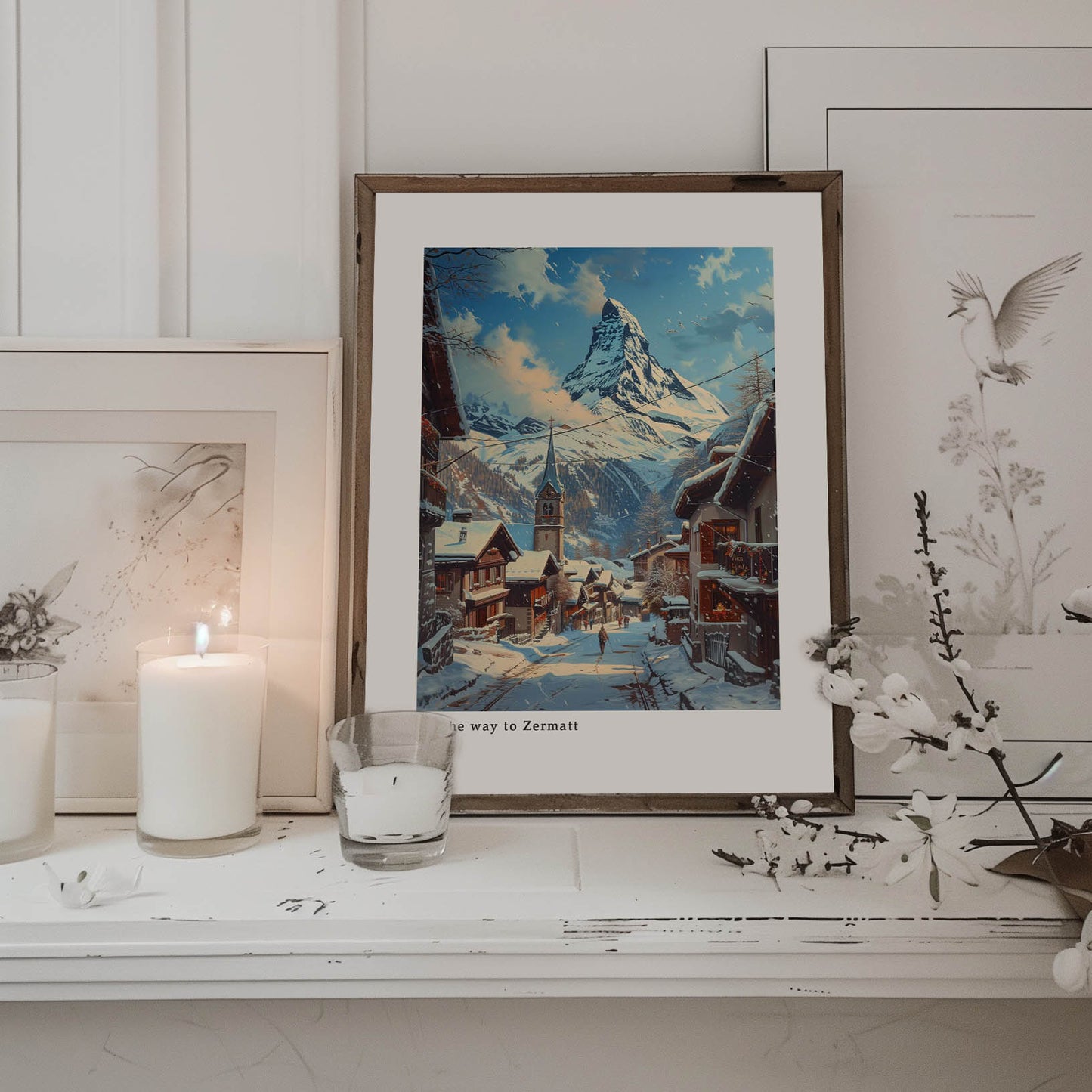 This beautiful artwork captures a serene winter scene on the way to Zermatt, featuring snow-covered rooftops and a majestic mountain in the background.