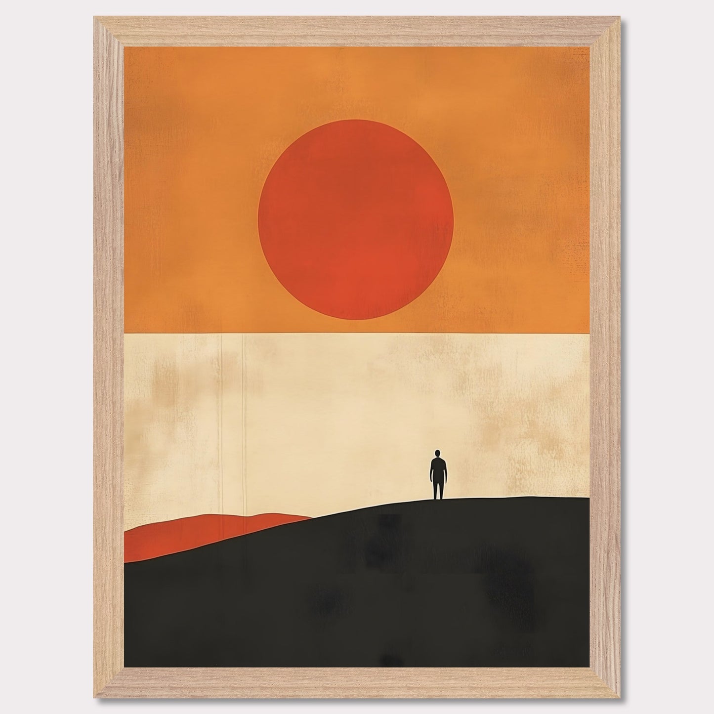 A striking minimalist artwork that conveys a sense of isolation and reflection. A lone figure stands on a hill under an oversized sun, evoking themes of wanderlust, contemplation, and the vastness of the world. The warm tones and simple composition give it a timeless, meditative feel.