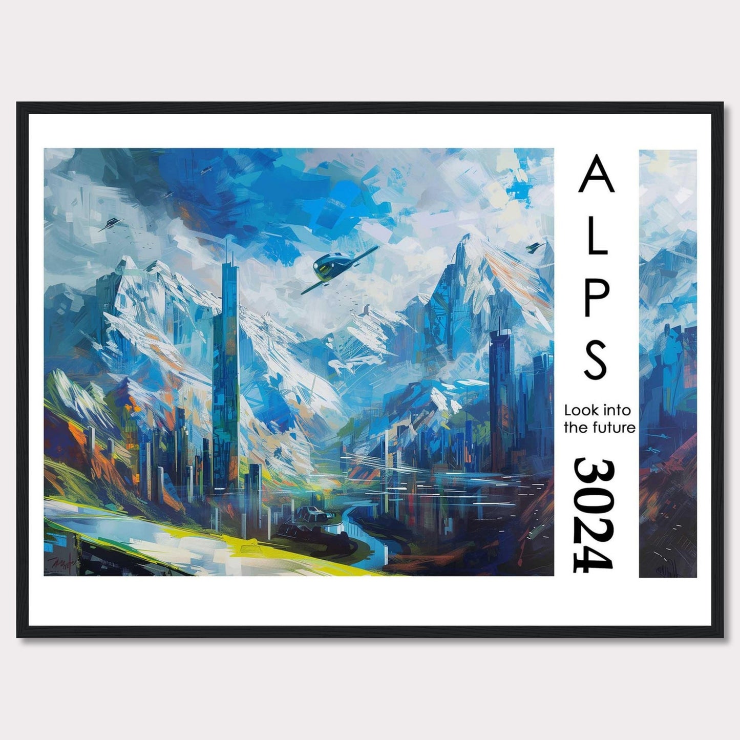 This artwork portrays a futuristic cityscape nestled within the majestic Alps, featuring towering skyscrapers, serene water bodies, and flying vehicles.