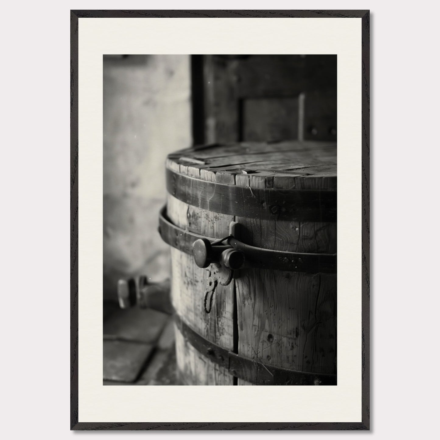 This black and white illustration depicts an old wooden barrel with metal bands, placed in a rustic setting.