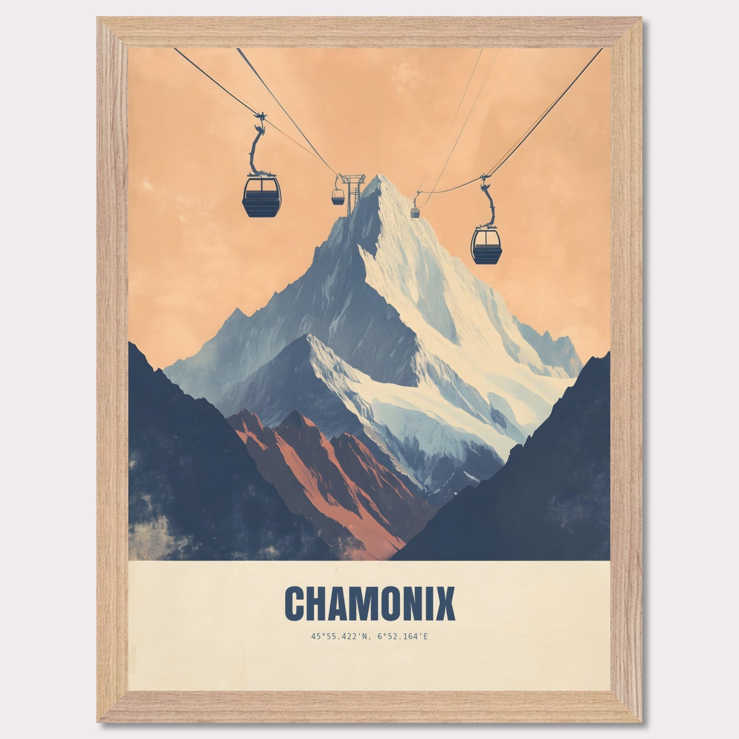 This striking poster showcases the dramatic ascent to Chamonix’s peaks, with cable cars stretching across the sky towards the snow-covered mountains. The bold contrasts between deep shadows and glowing light create an atmosphere of adventure and grandeur.