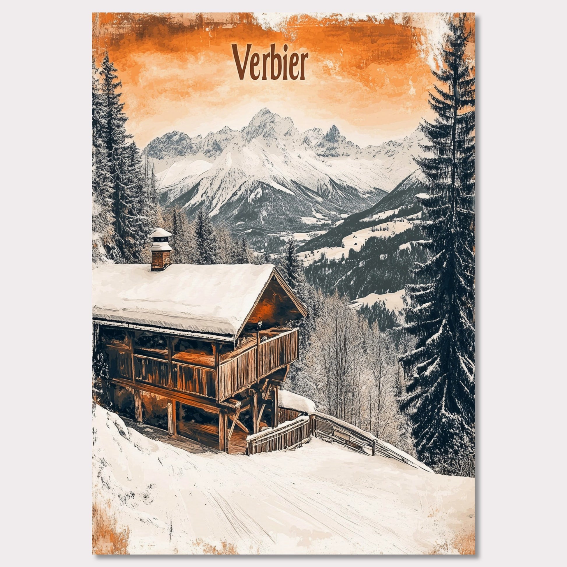 This charming retro-style poster showcases a cozy wooden cabin nestled in the snowy mountains of Verbier. The cabin, with its warm and rustic exterior, contrasts beautifully against the crisp white snow and towering, snow-capped peaks in the distance. The soft, vintage tones in the sky and the peaceful surroundings evoke a sense of tranquility and the perfect winter getaway. The gentle snowfall and warm cabin lights enhance the nostalgic feeling of a quiet retreat in the Alps.