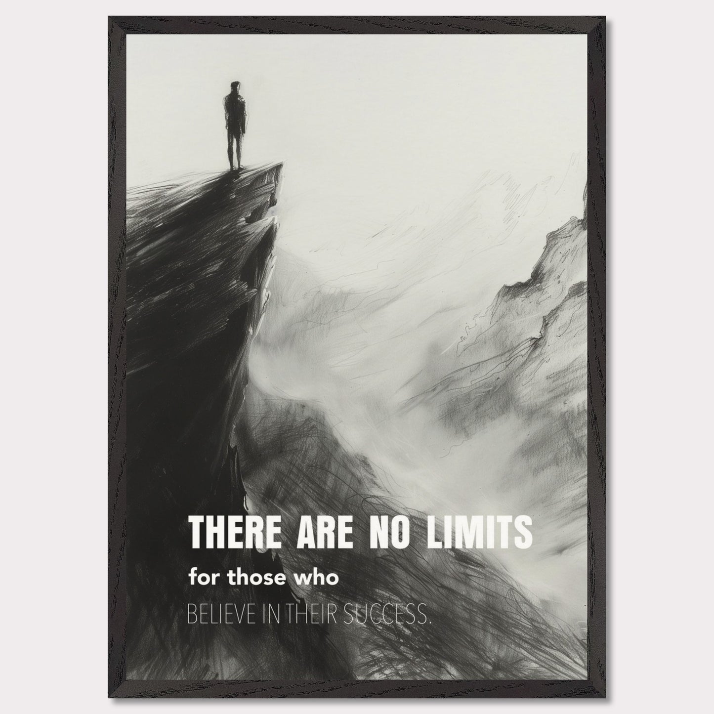 This image depicts a person standing at the edge of a cliff, looking out over a vast, foggy landscape. The scene is rendered in black and white, giving it a dramatic and contemplative feel. The text on the image reads: "There are no limits for those who believe in their success."