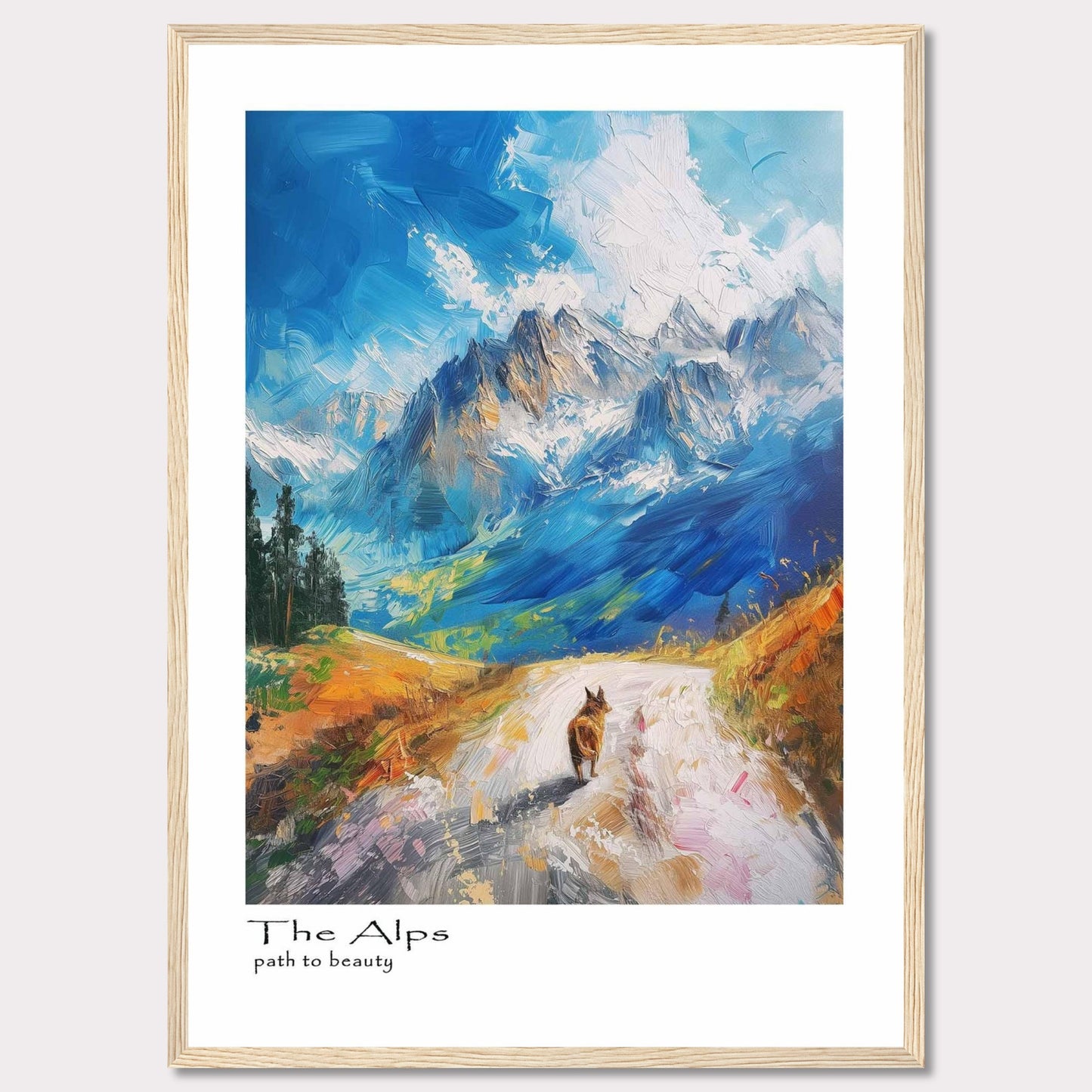 This painting captures the breathtaking beauty of the Alps with vibrant colors and dynamic brushstrokes. A lone hiker walks along a winding path, surrounded by majestic mountains under a bright blue sky.