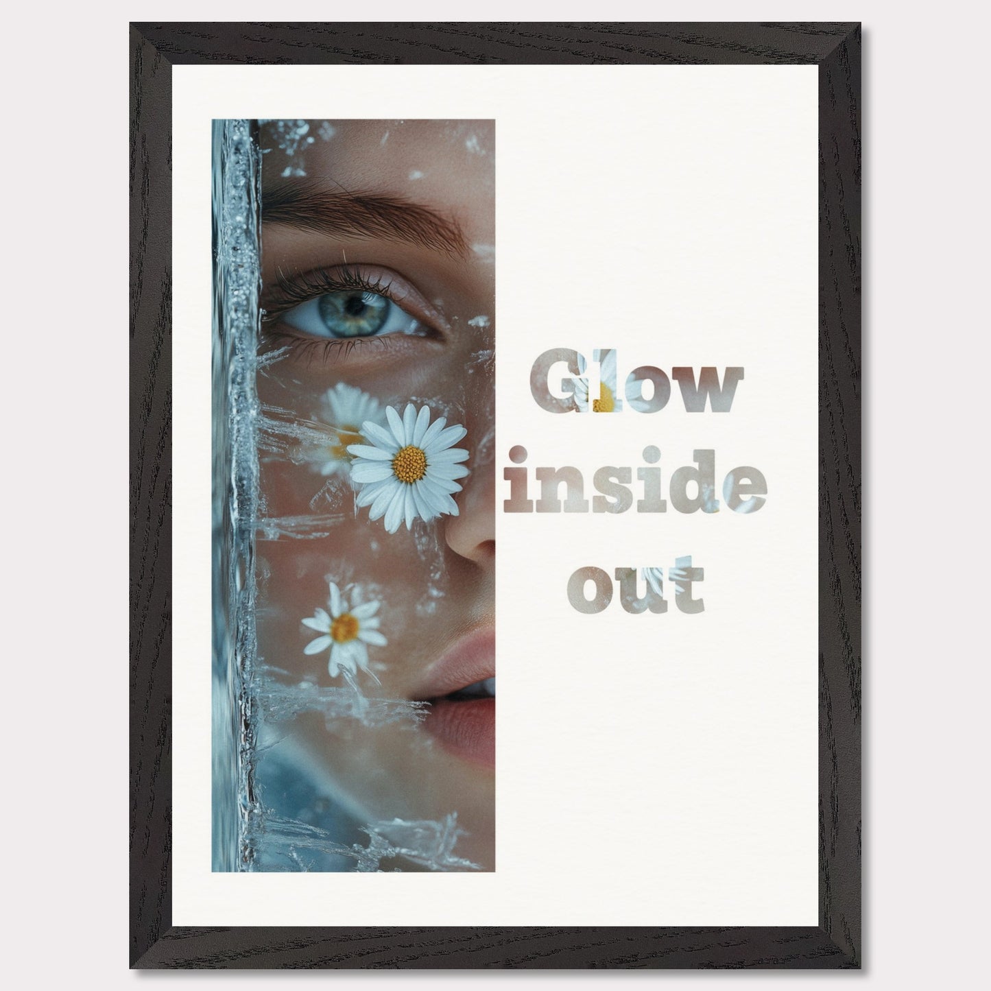 This illustration features a close-up of a person's face with daisies and ice crystals. The text "Glow inside out" is prominently displayed beside the image.

Where will this poster fit: Living room, bedroom, office, hallway, or studio.